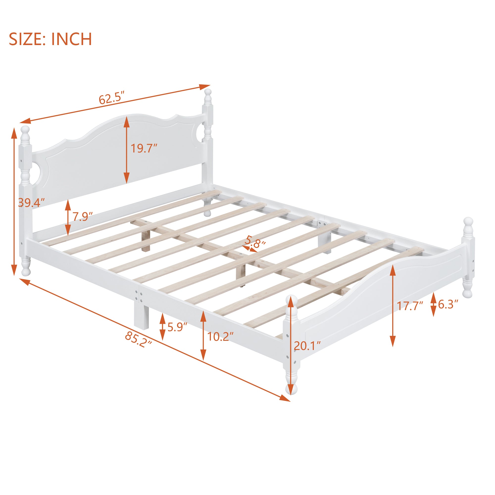 Amelie Queen Solid Pine Wood Platform Bed with Scalloped Headboard