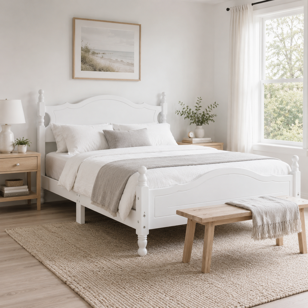 Amelie Queen Solid Pine Wood Platform Bed with Scalloped Headboard