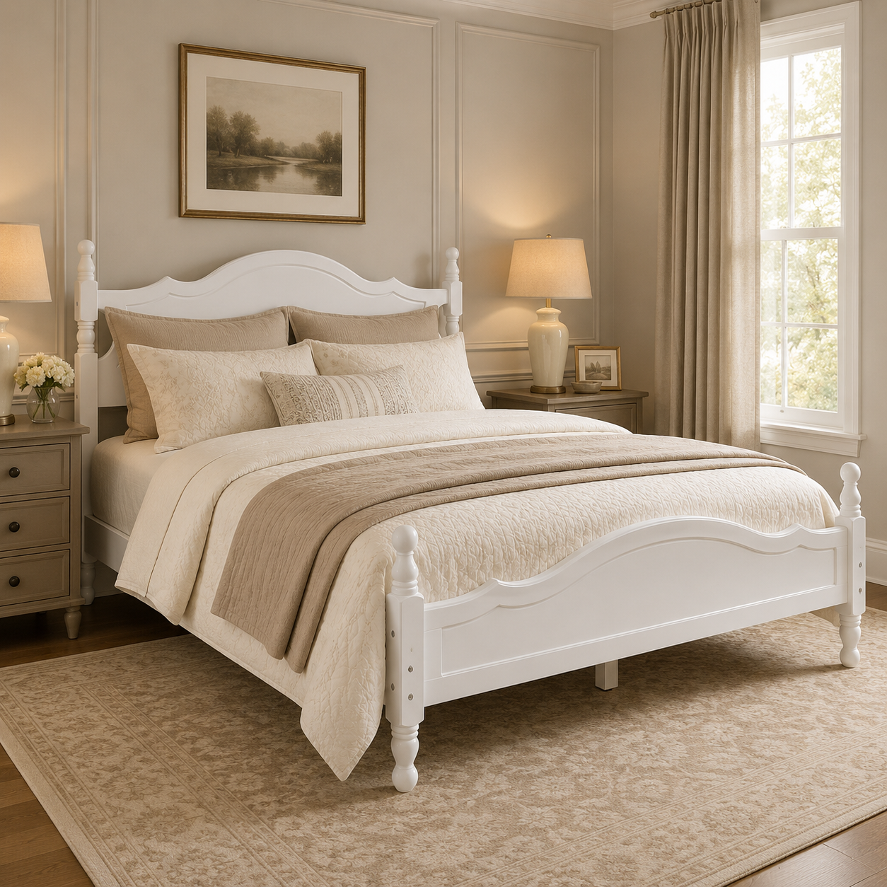 Amelie Queen Solid Pine Wood Platform Bed with Scalloped Headboard
