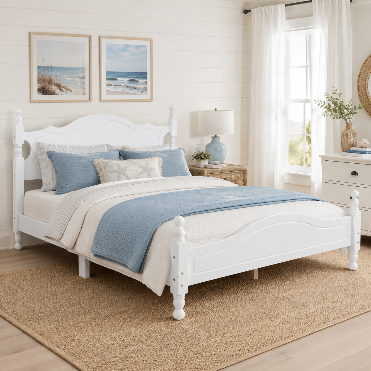 Amelie Queen Solid Pine Wood Platform Bed with Scalloped Headboard