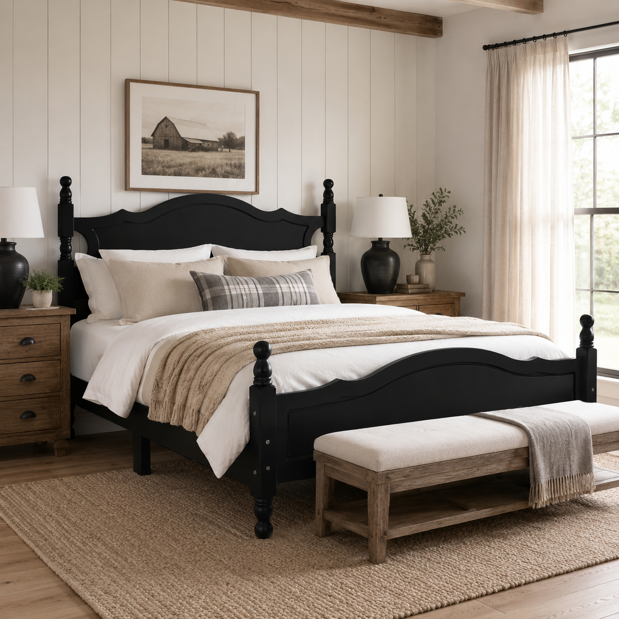 Amelie Queen Solid Pine Wood Platform Bed with Scalloped Headboard