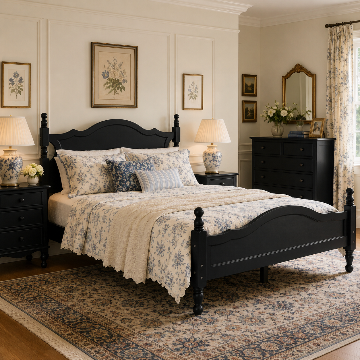 Amelie Queen Solid Pine Wood Platform Bed with Scalloped Headboard