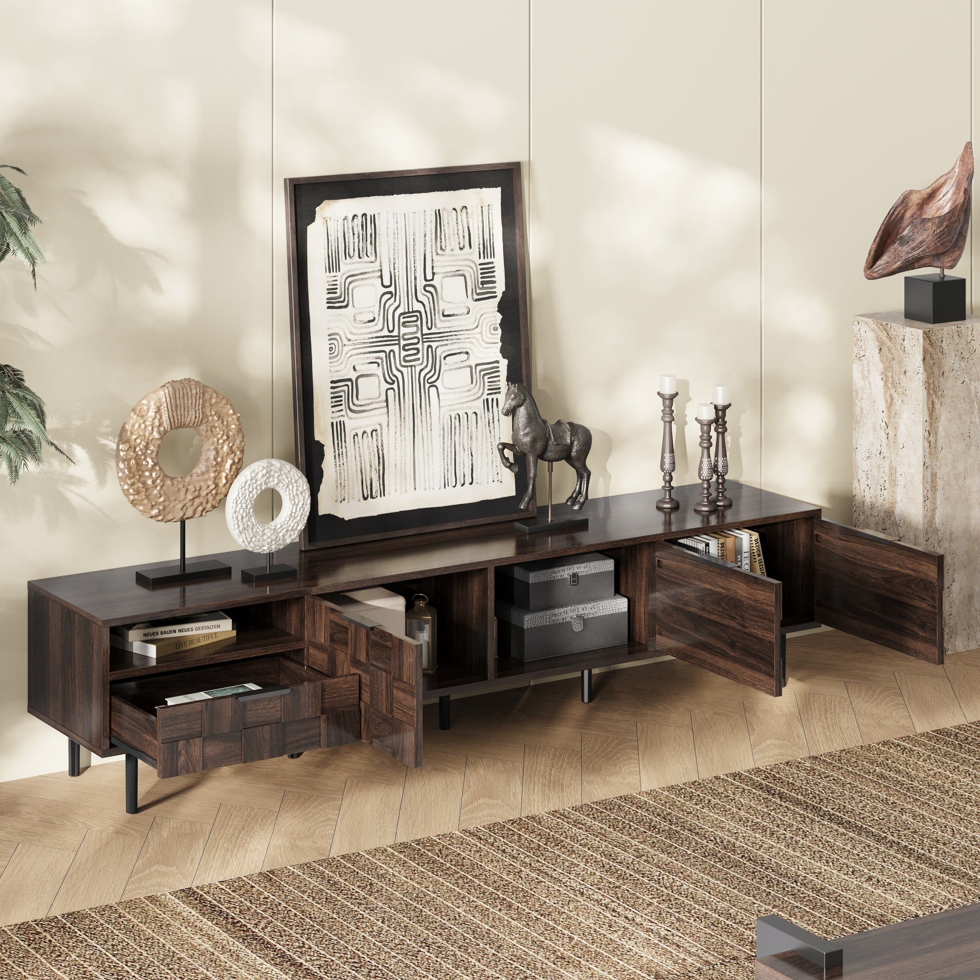 Amsterdam 78" Wood Mid-Century Modern TV Stand with Storage Cabinets