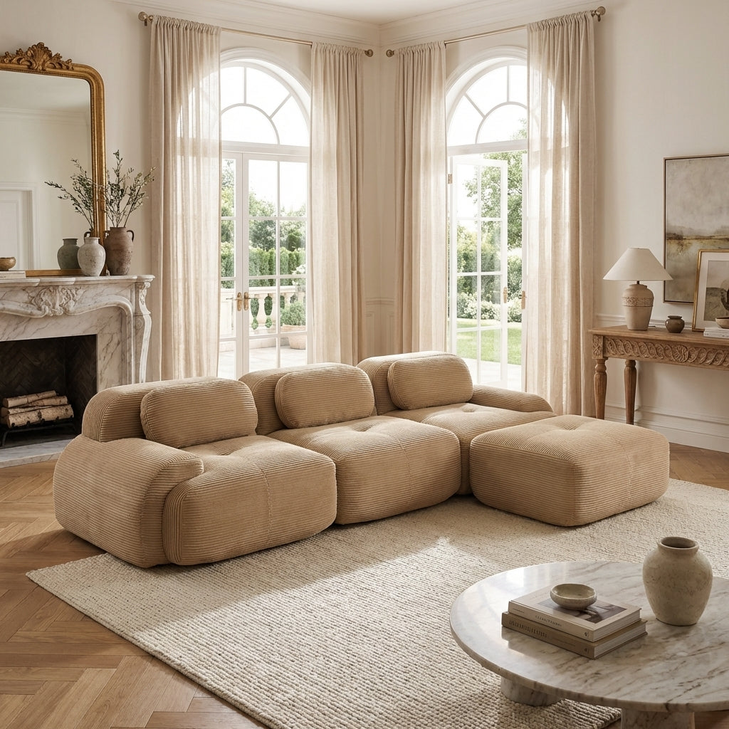 Anchorage 116" Modular Corduroy Cloud L-Shaped Sectional Sofa with Ottoman