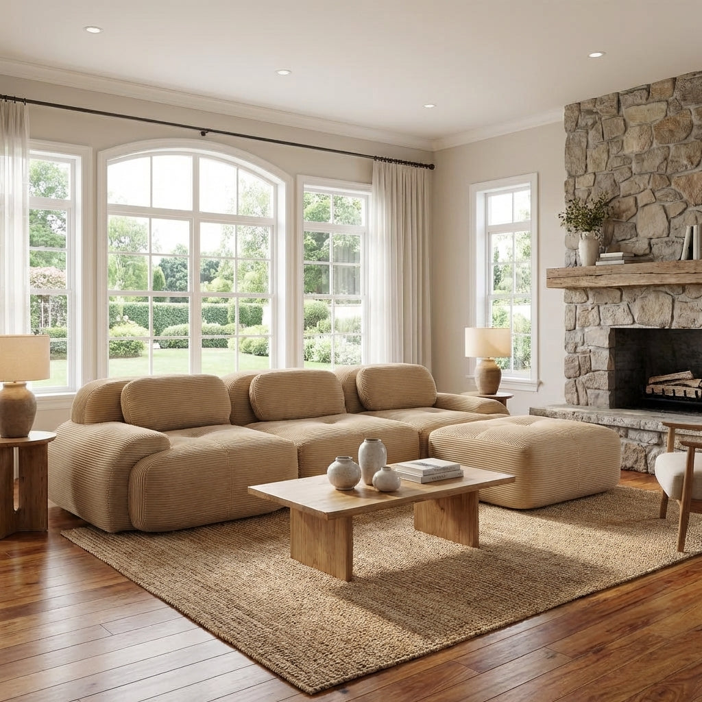 Anchorage 116" Modular Corduroy Cloud L-Shaped Sectional Sofa with Ottoman