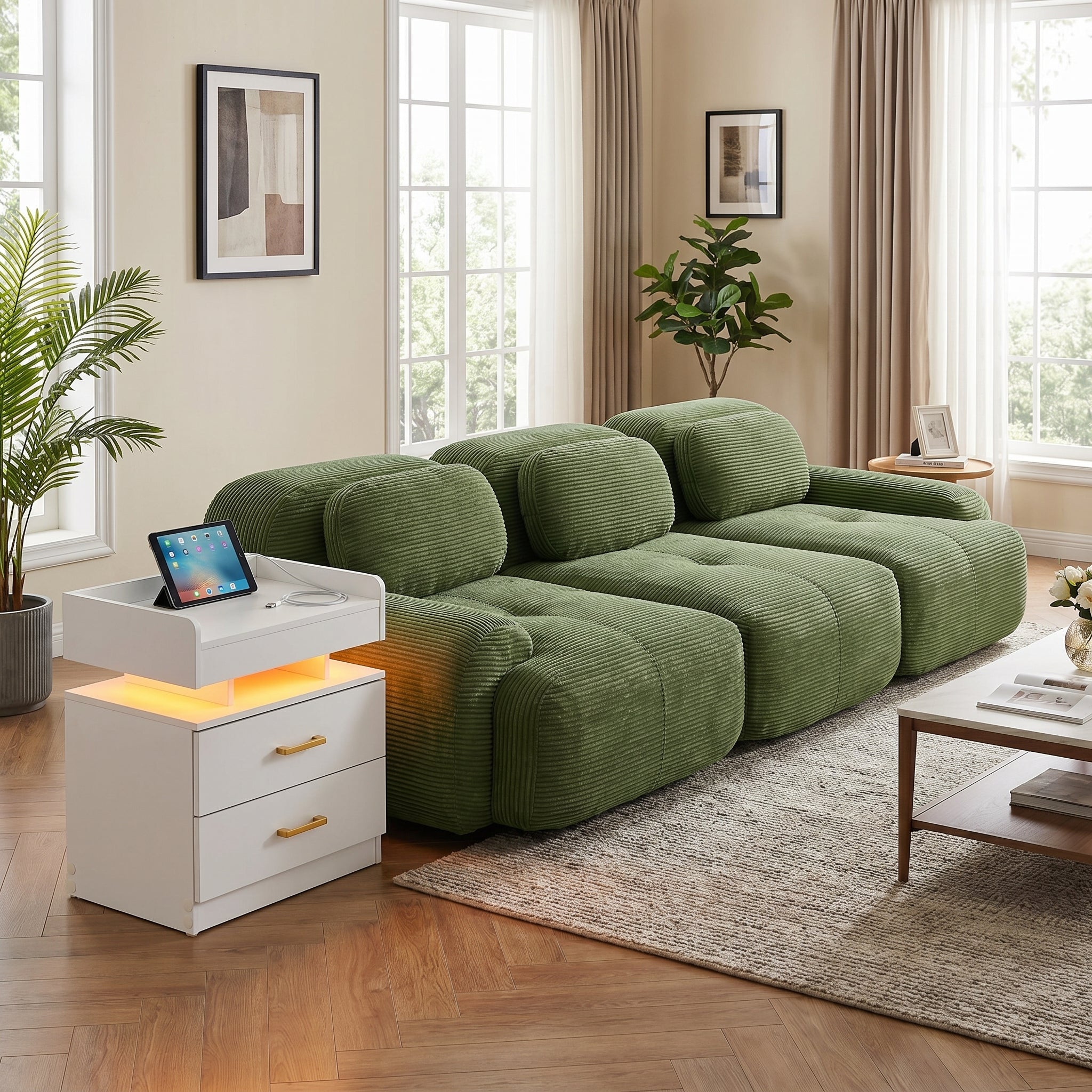 Homy Casa 3-Seat Modular Corduroy Sofa "Olive Green" for Living Room, Bedroom, or Office