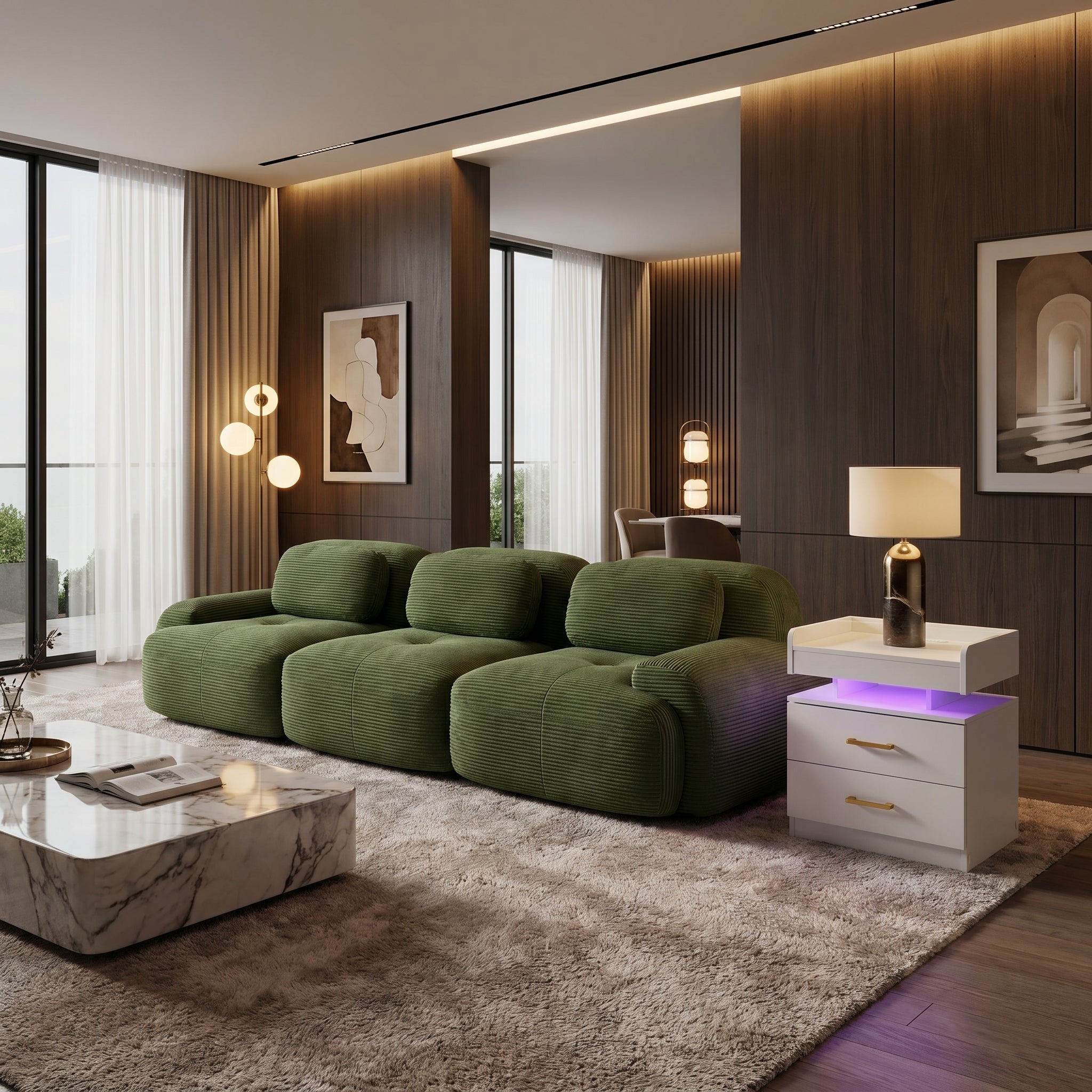 Homy Casa 3-Seat Modular Corduroy Sofa "Olive Green" for Living Room, Bedroom, or Office