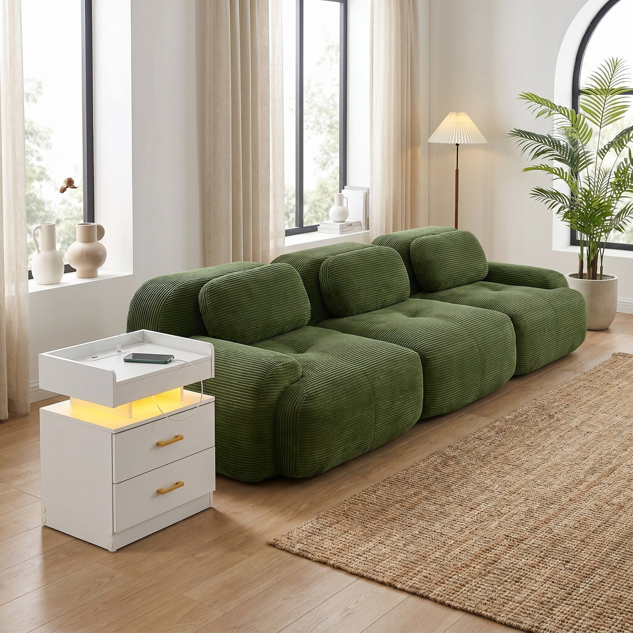 Homy Casa 3-Seat Modular Corduroy Sofa "Olive Green" for Living Room, Bedroom, or Office