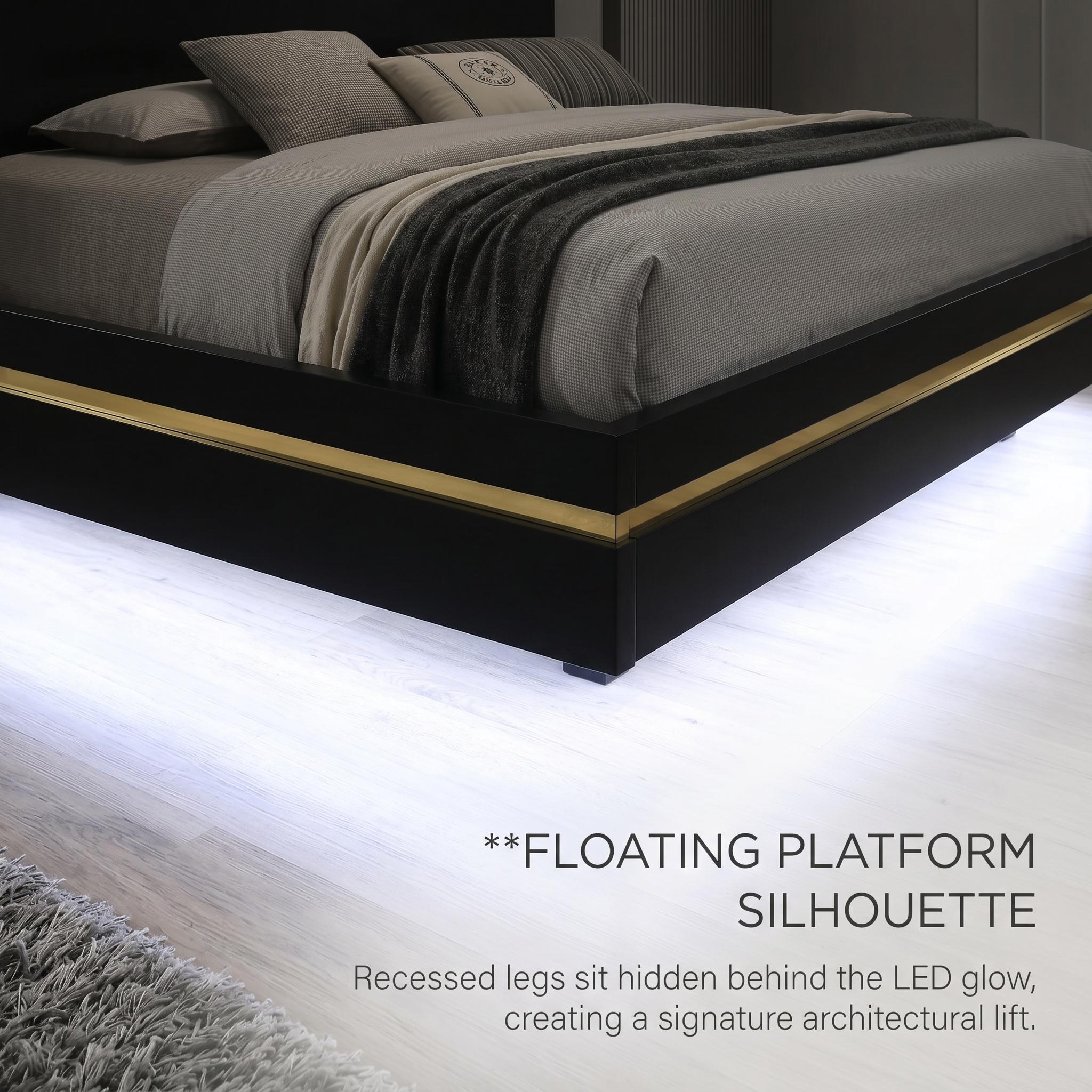 Annelise Full Glam Platform Bed with Underbed LED and Gold Acrylic Trim Headboard