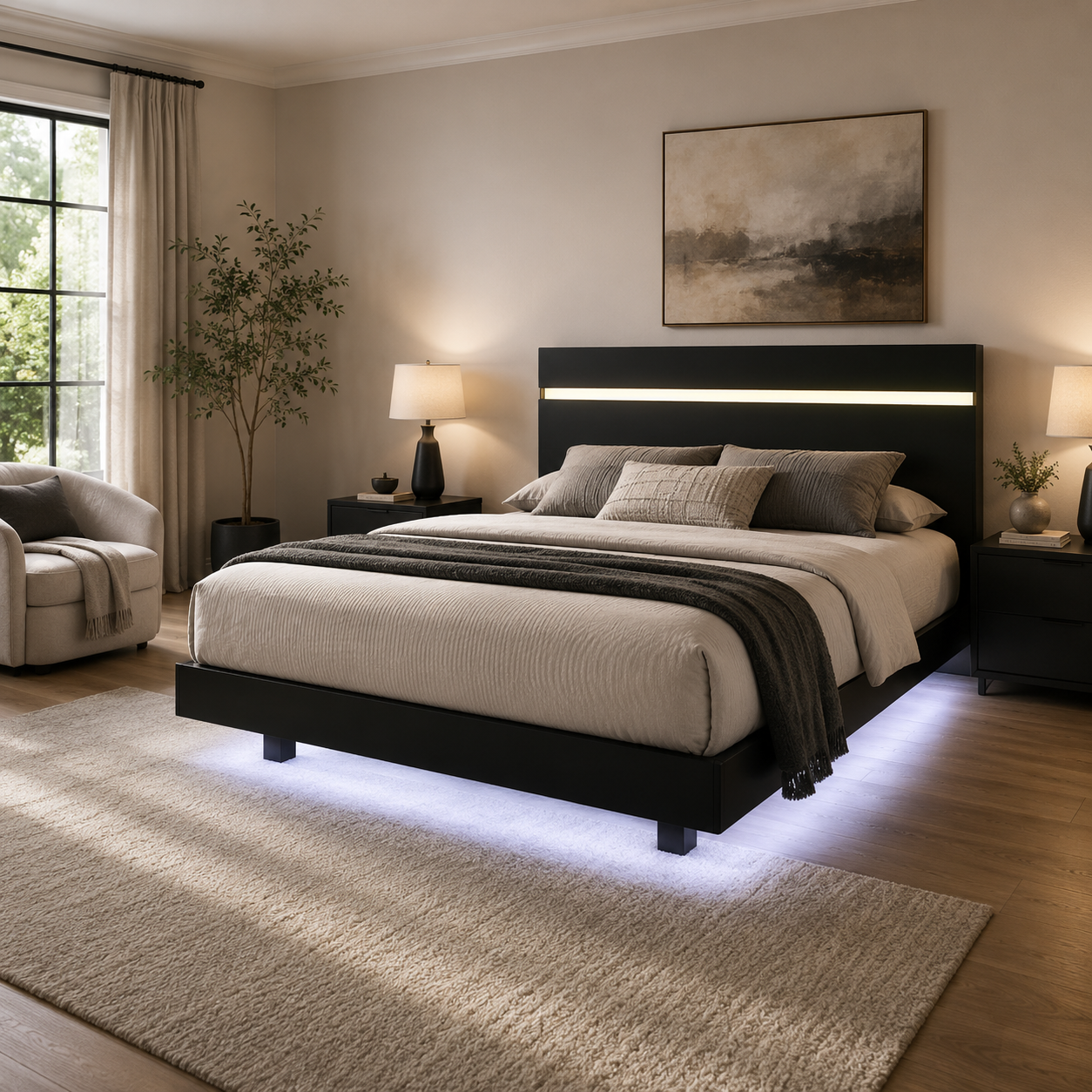 Annelise Full Glam Platform Bed with Underbed LED and Gold Acrylic Trim Headboard