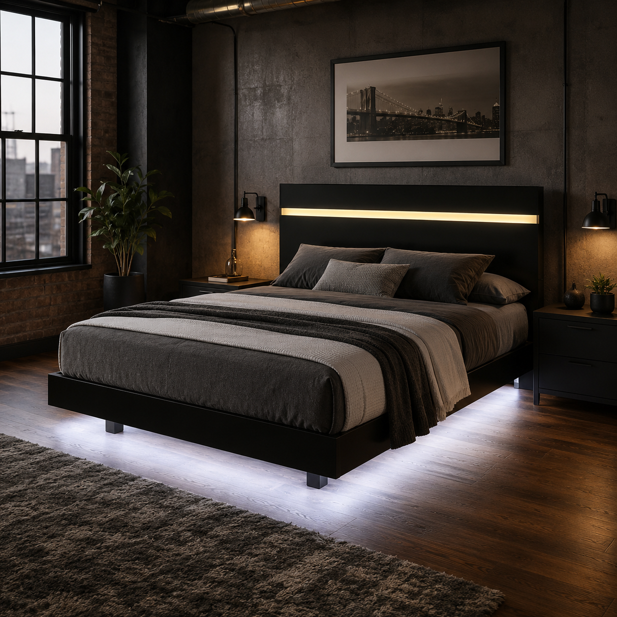 Annelise Full Glam Platform Bed with Underbed LED and Gold Acrylic Trim Headboard