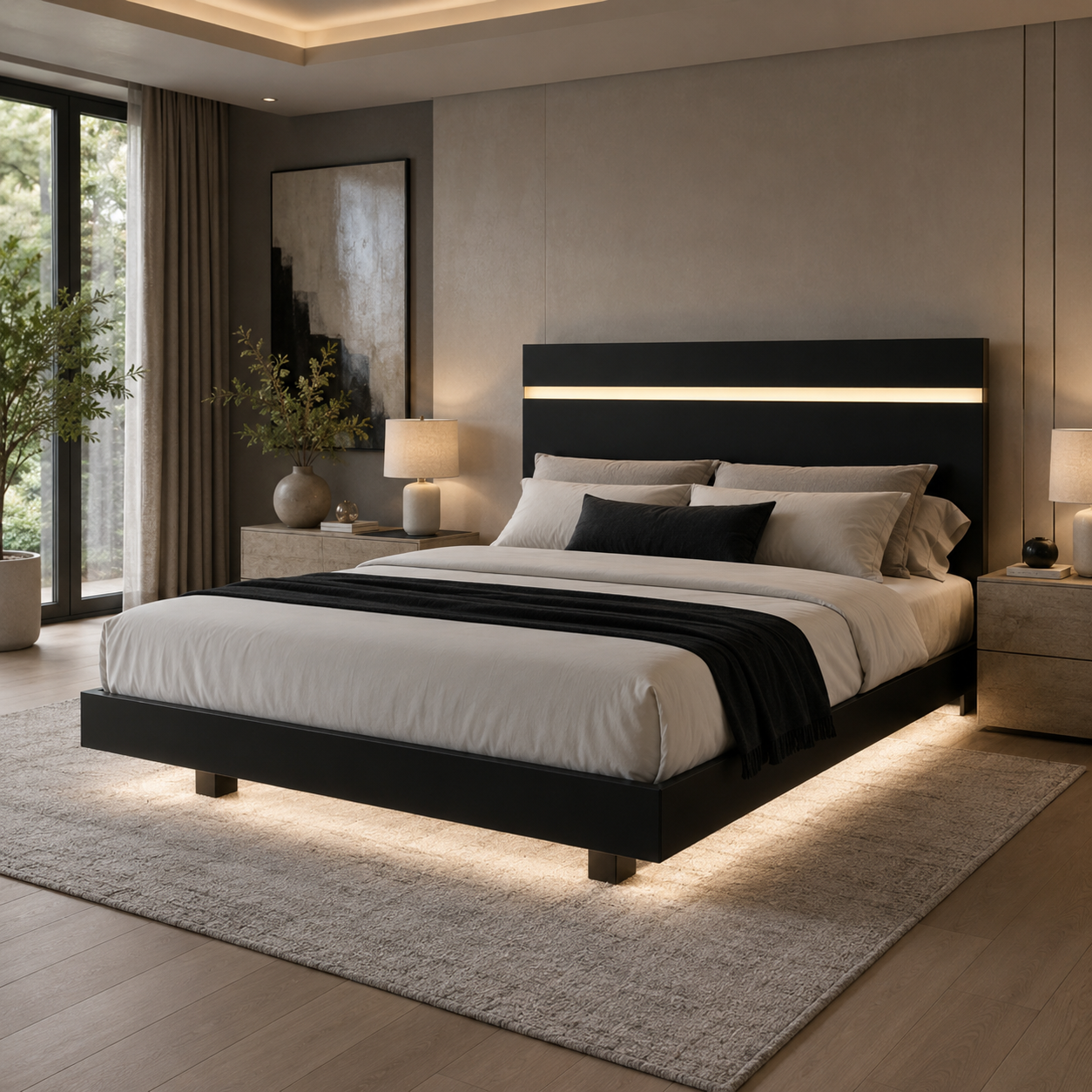 Annelise Full Glam Platform Bed with Underbed LED and Gold Acrylic Trim Headboard