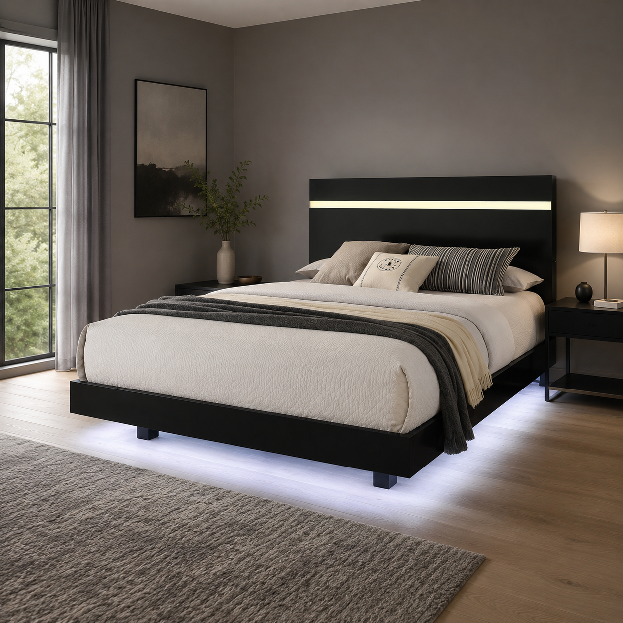 Annelise Full Glam Platform Bed with Underbed LED and Gold Acrylic Trim Headboard