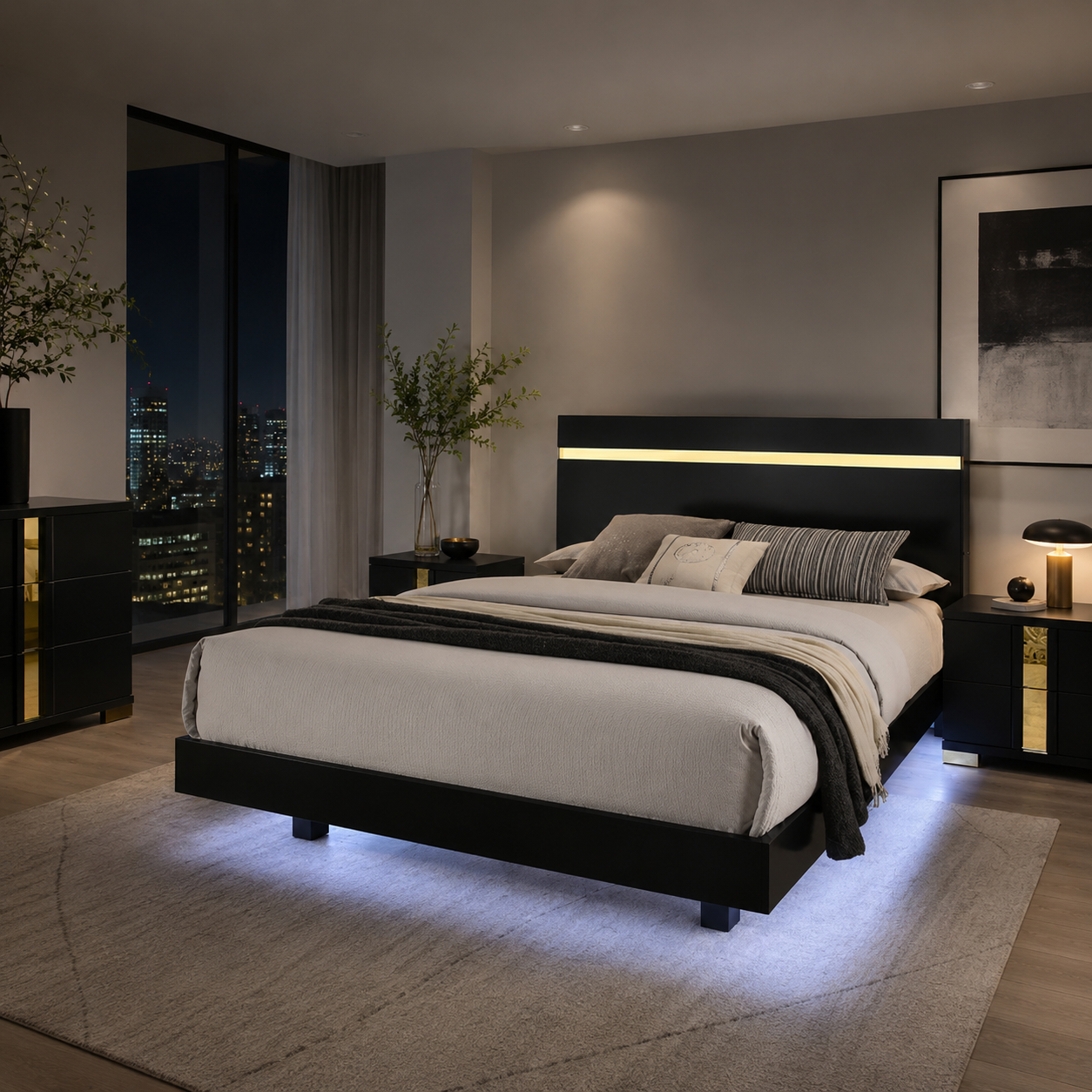 Annelise Full Glam Platform Bed with Underbed LED and Gold Acrylic Trim Headboard