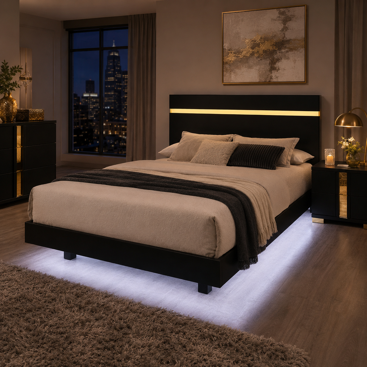 Annelise Full Glam Platform Bed with Underbed LED and Gold Acrylic Trim Headboard