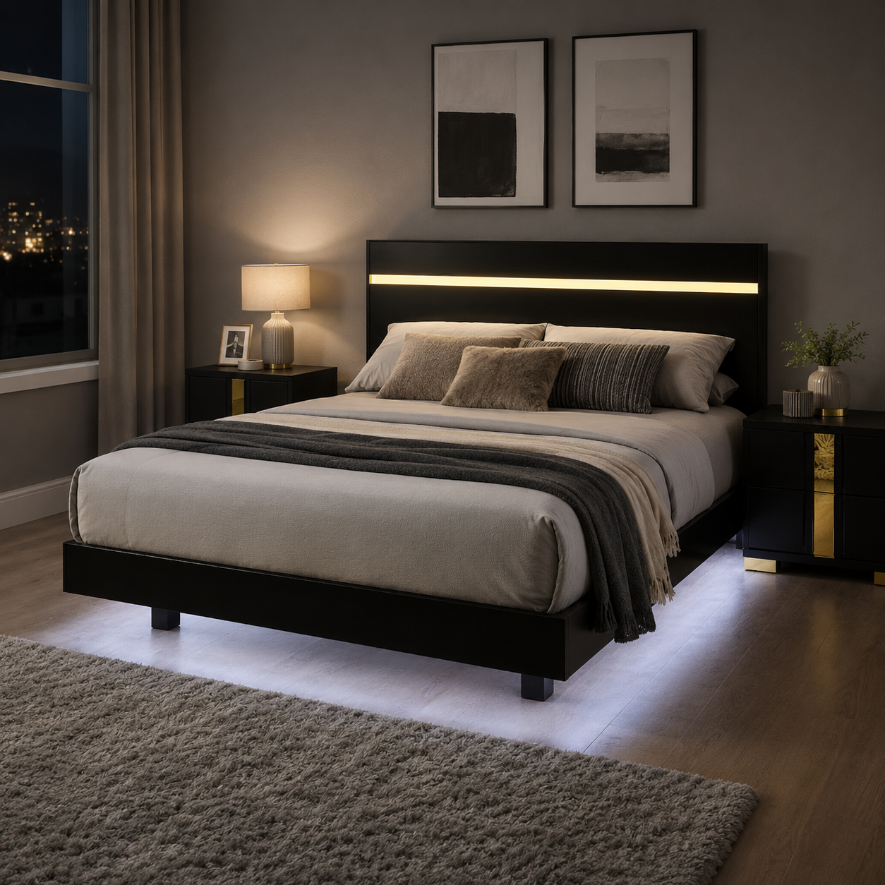 Annelise Full Glam Platform Bed with Underbed LED and Gold Acrylic Trim Headboard