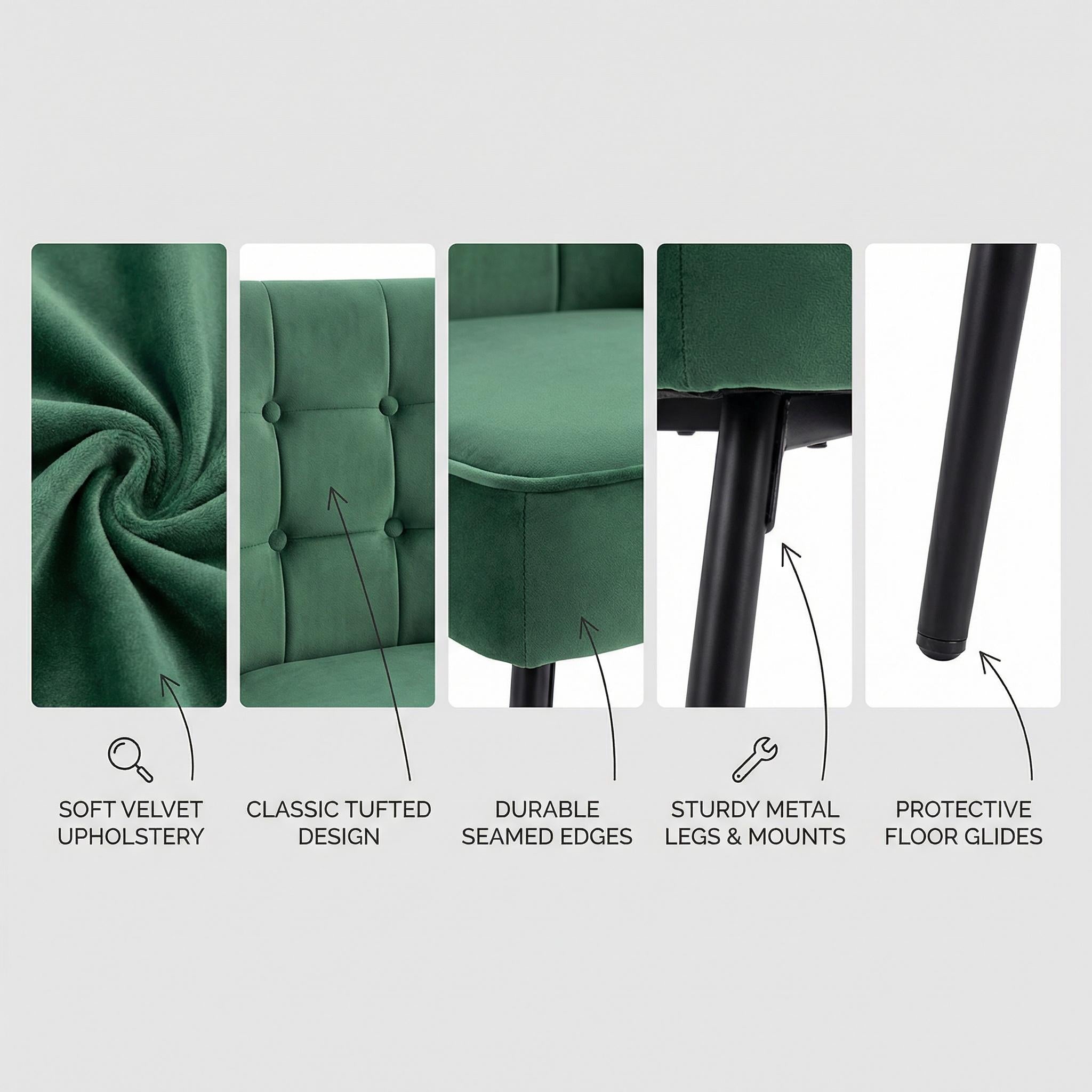 Homy Casa ARALIA 2PC GREEN Velvet Dining Chairs with Piping Details and Black Base