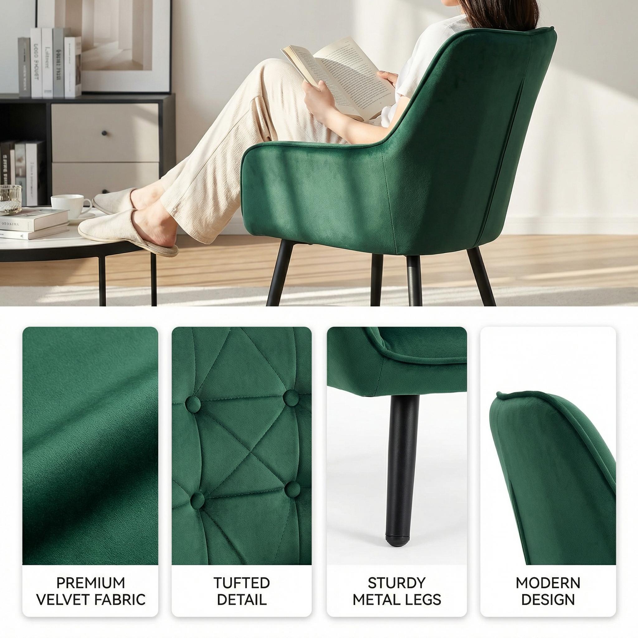 Homy Casa ARALIA 2PC GREEN Velvet Dining Chairs with Piping Details and Black Base