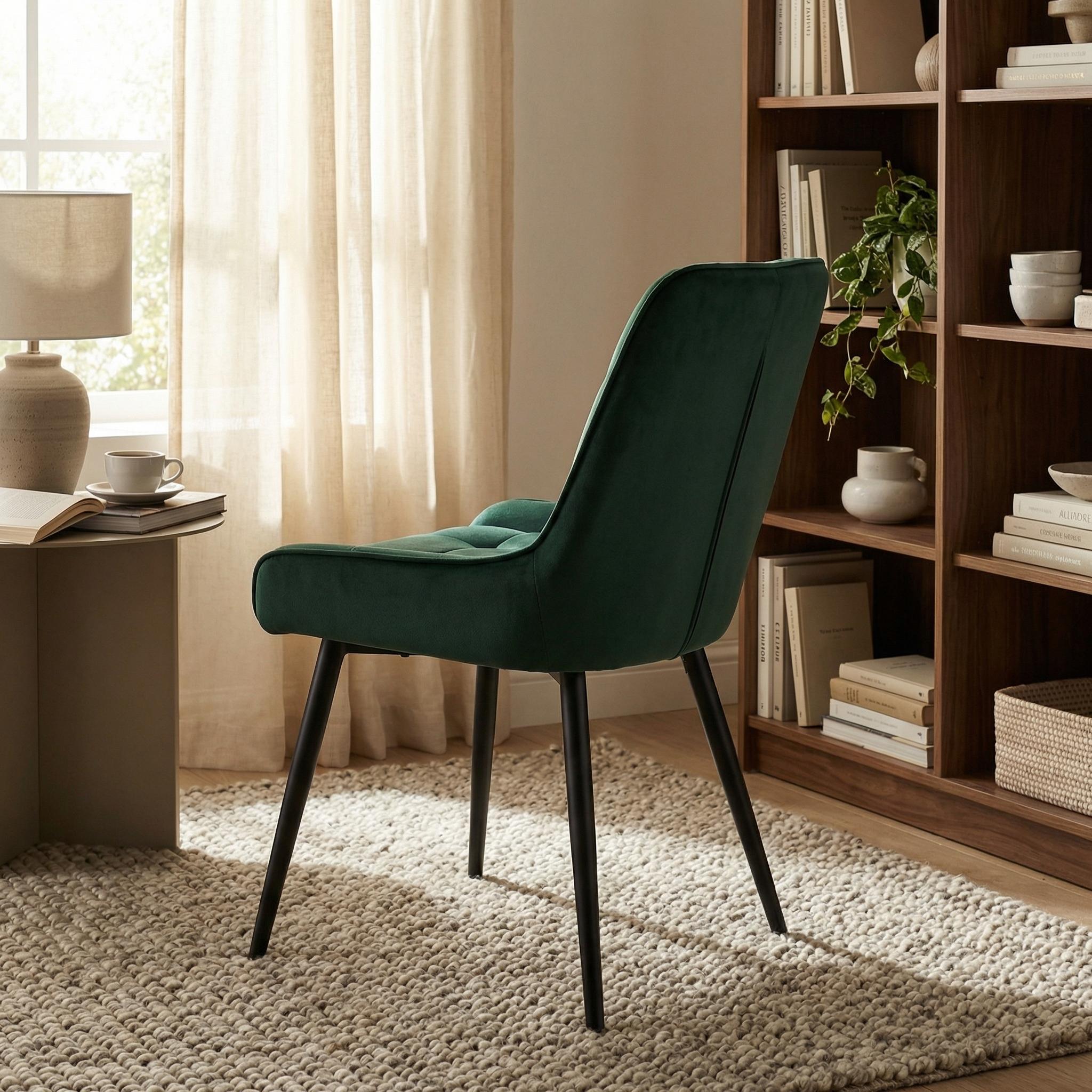 Homy Casa ARALIA 2PC GREEN Velvet Dining Chairs with Piping Details and Black Base