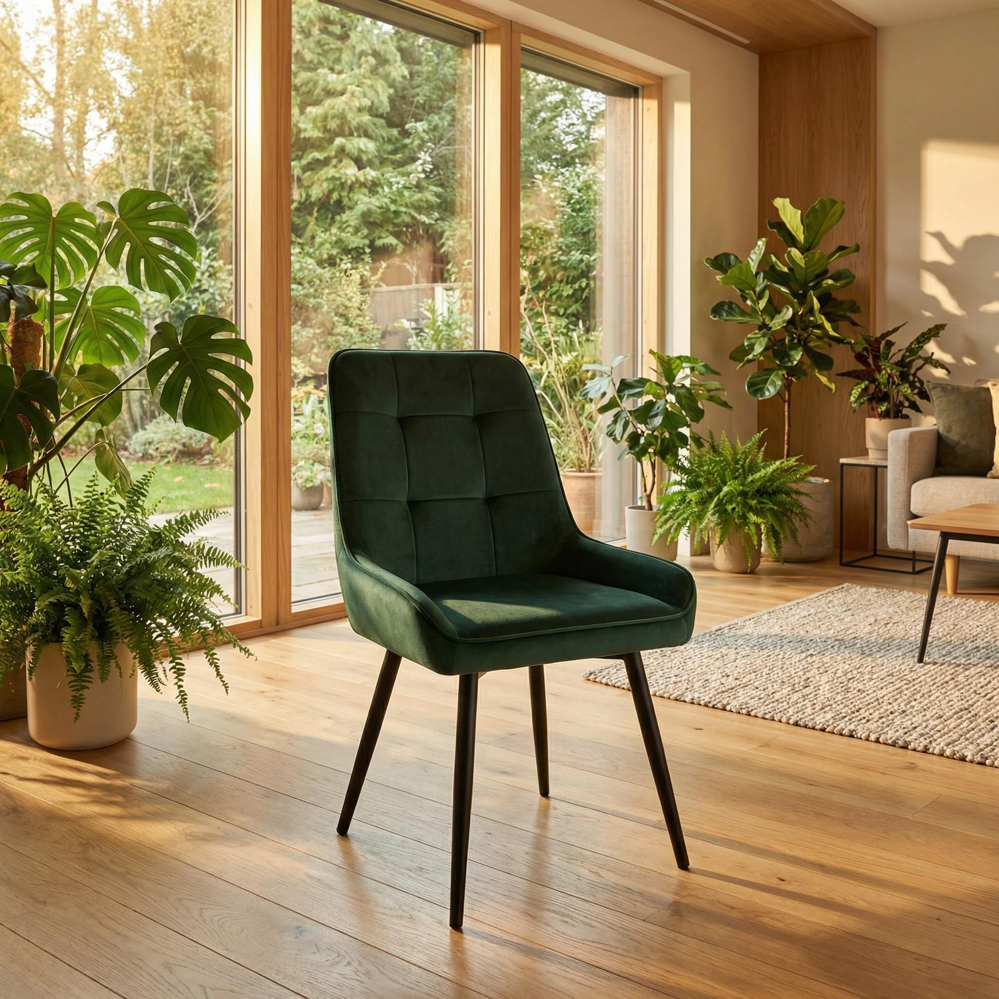Homy Casa ARALIA 2PC GREEN Velvet Dining Chairs with Piping Details and Black Base