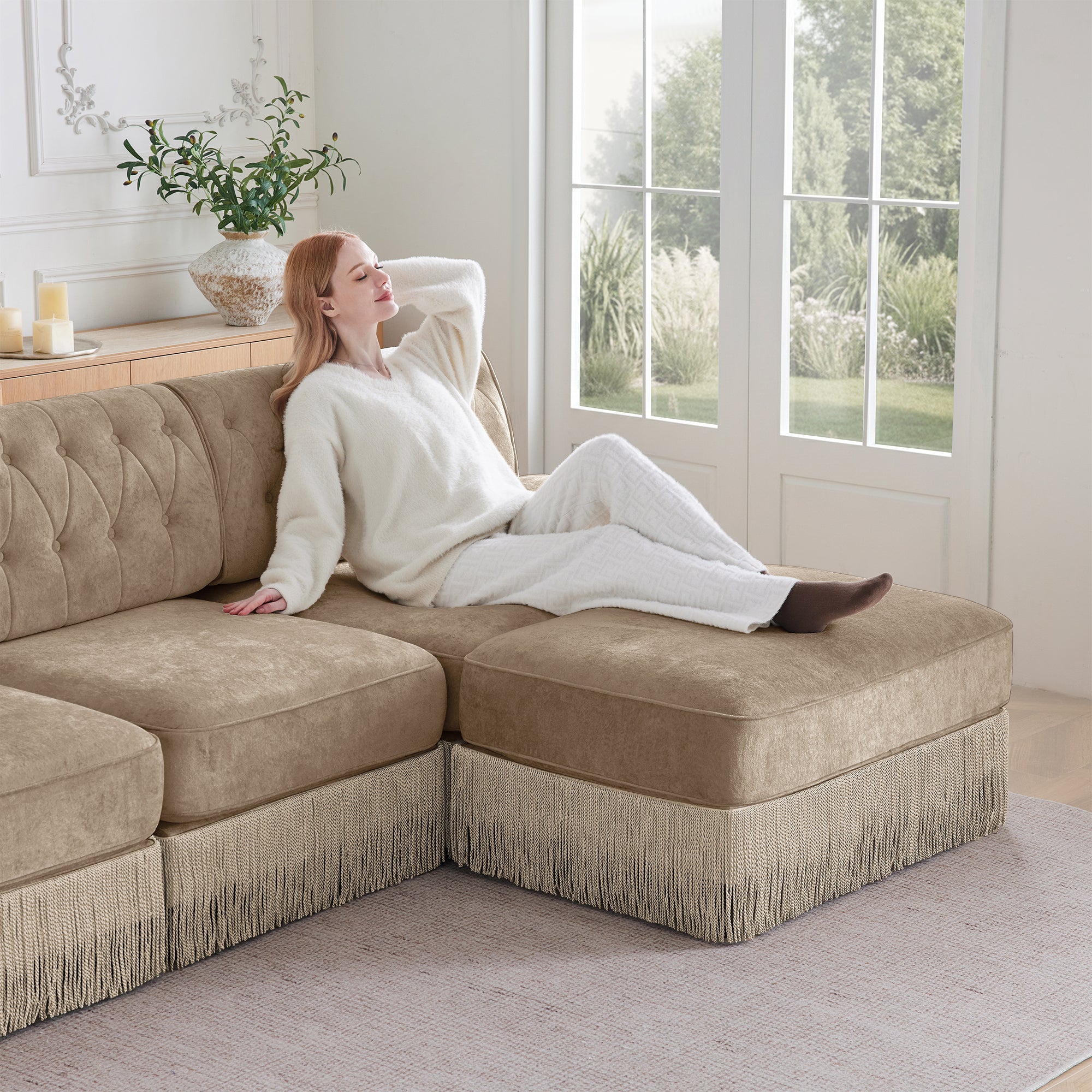 Austin 136" Tufted Velvet 4-Seater Modular Sofa with Fringe Skirt Base