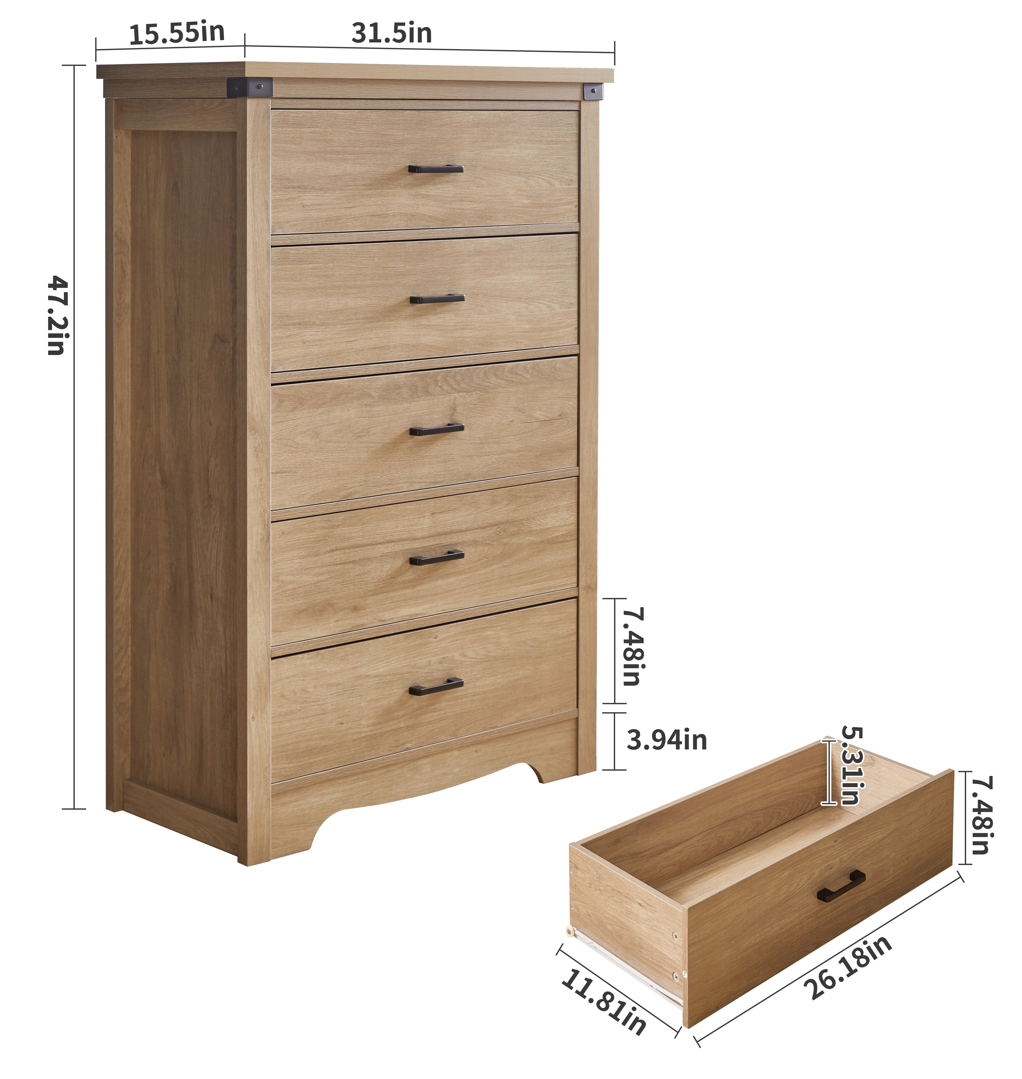 Avelin 47" Farmhouse Wood Dresser Storage Cabinet with 5 Drawers