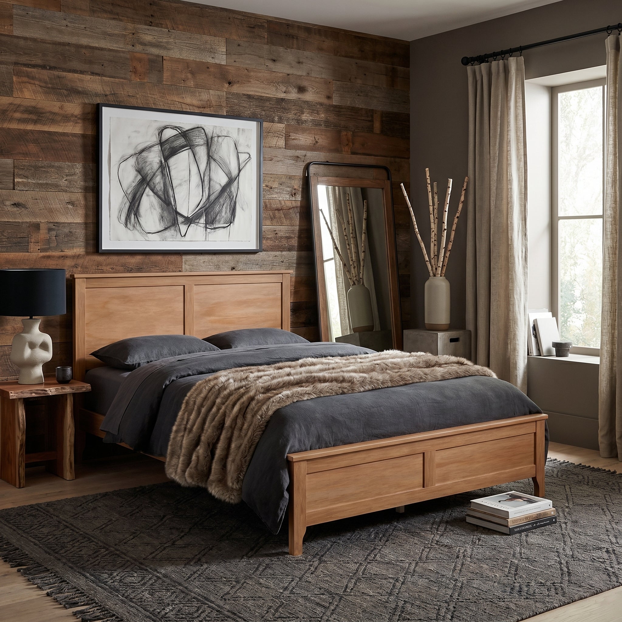 Aveline Full Solid Pine Wood Platform Bed with Headboard