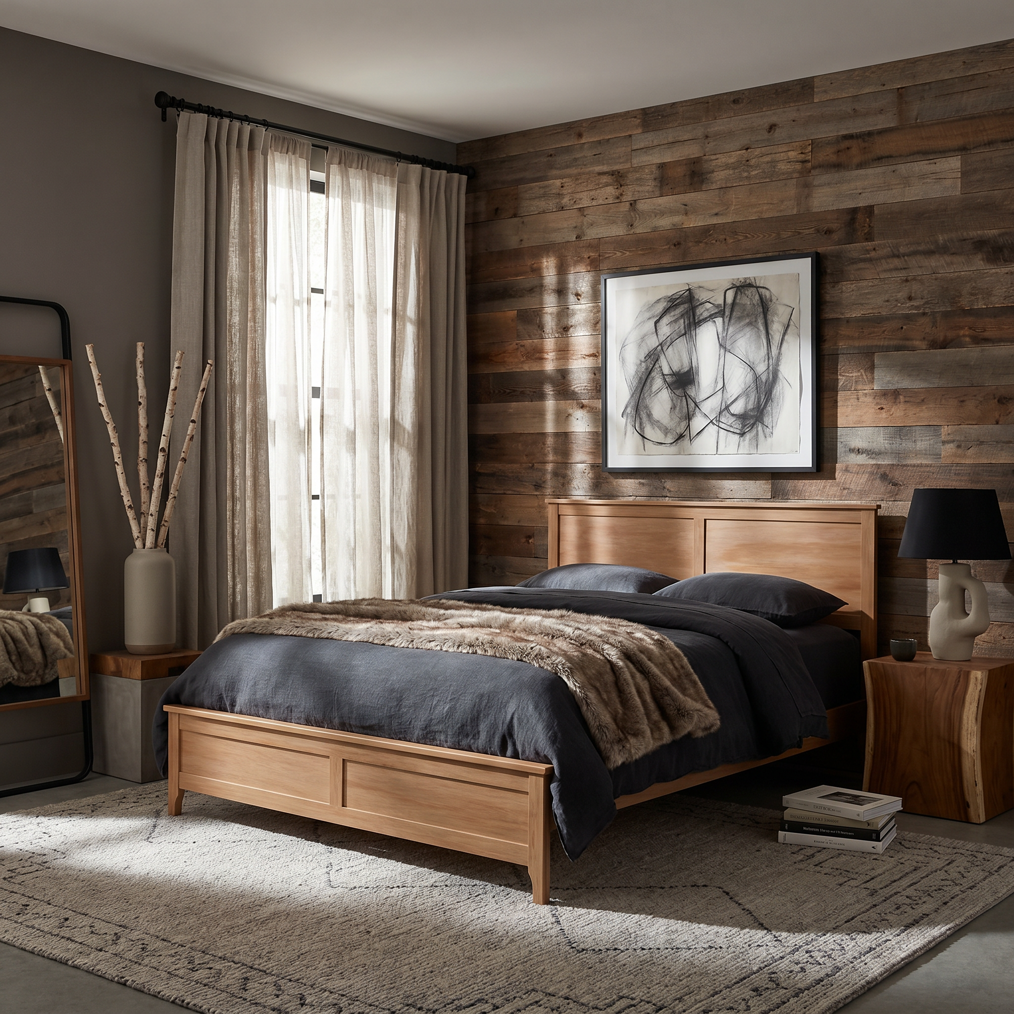 Aveline King Solid Pine Wood Platform Bed with Headboard