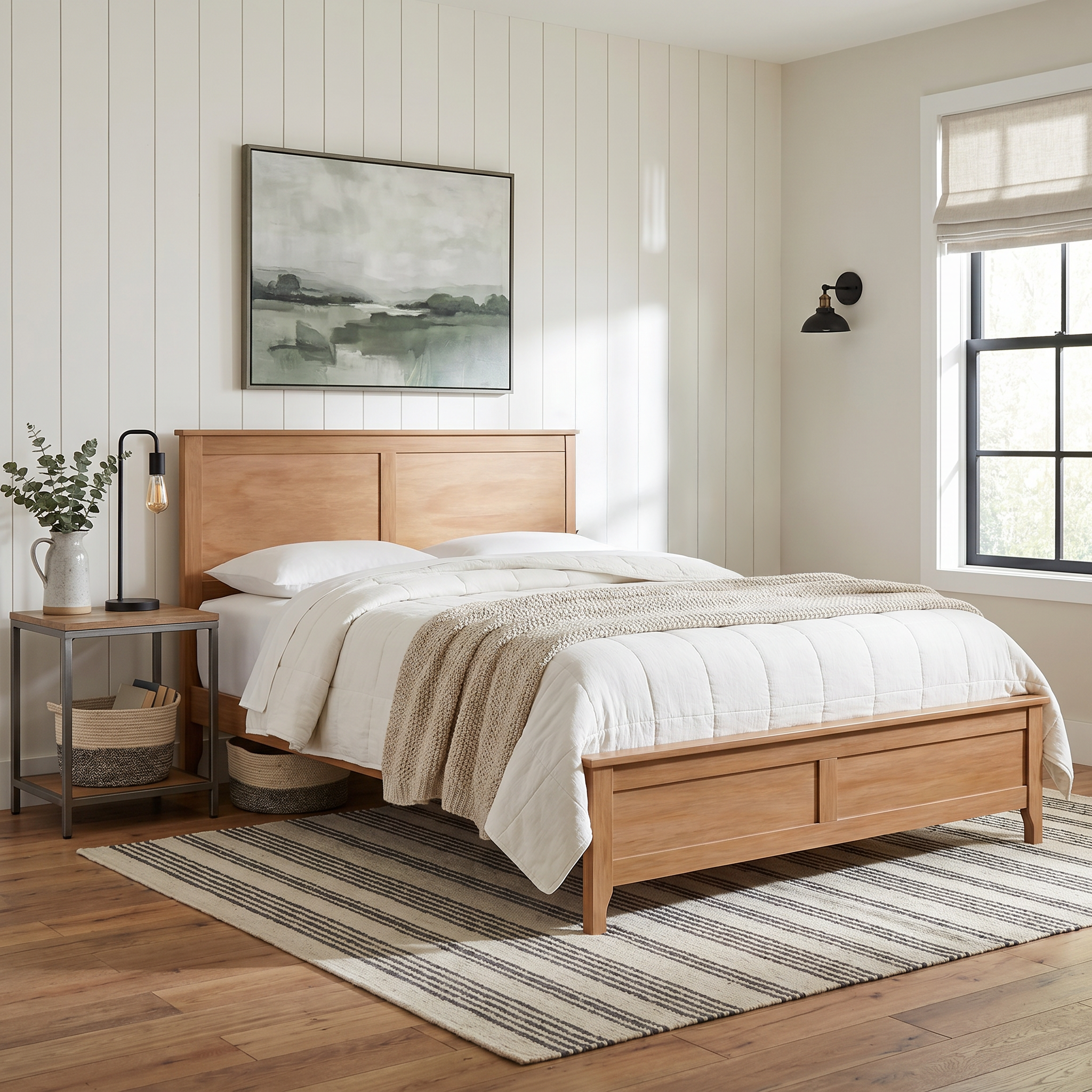 Aveline Queen Solid Pine Wood Platform Bed with Headboard
