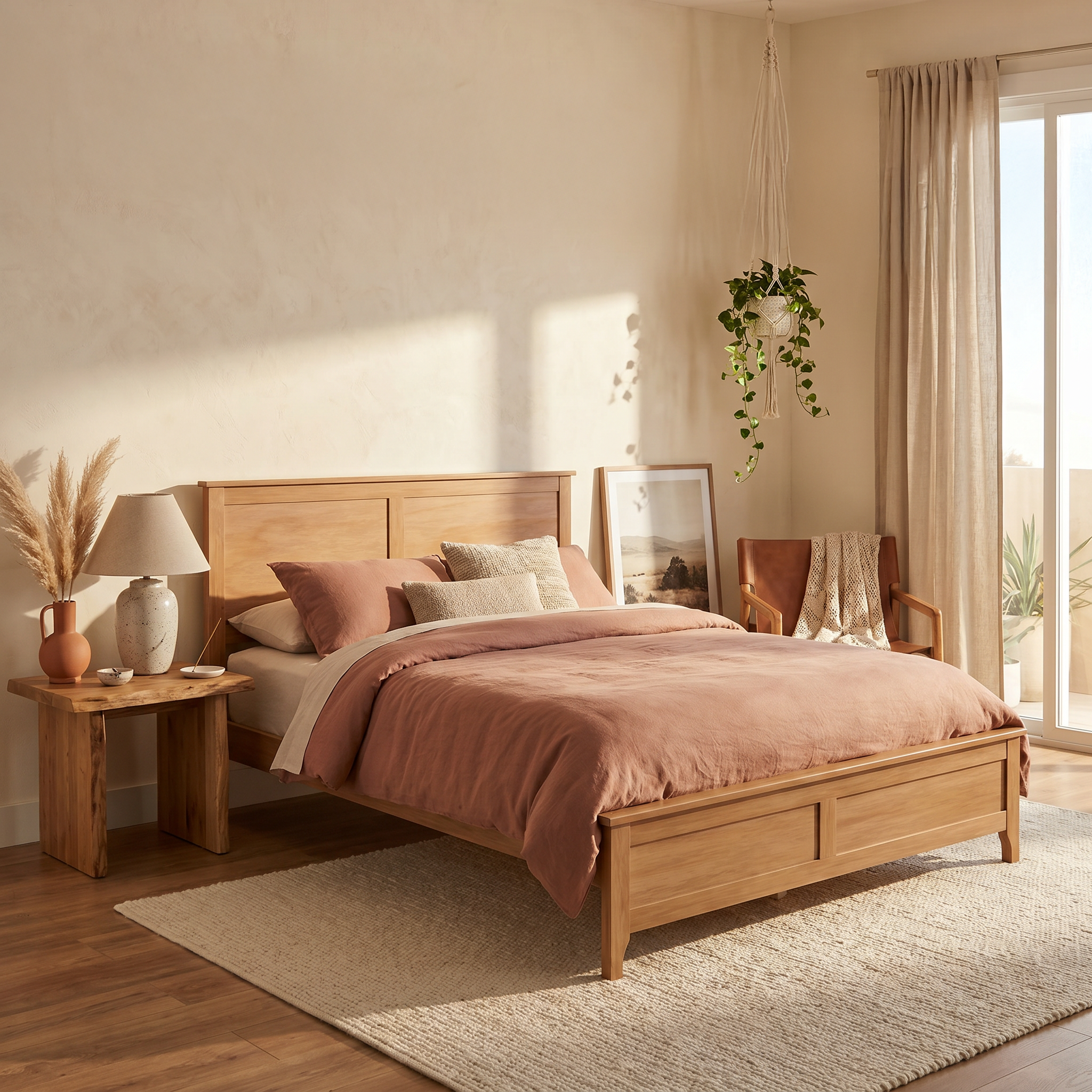 Aveline Queen Solid Pine Wood Platform Bed with Headboard