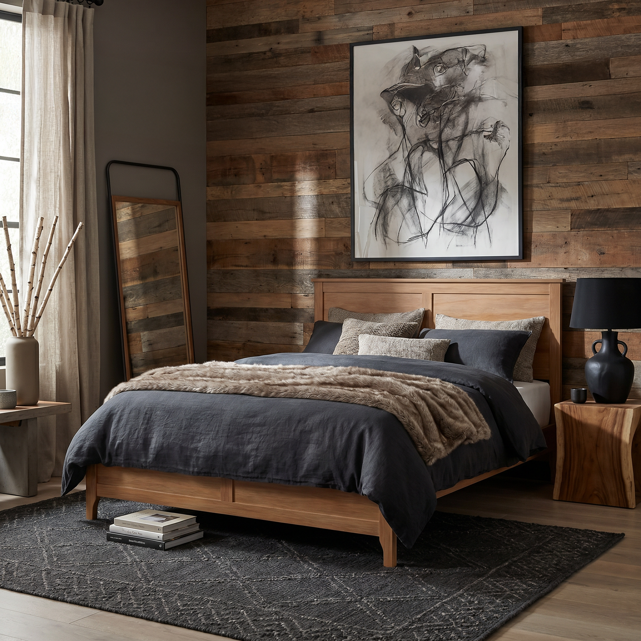 Aveline Queen Solid Pine Wood Platform Bed with Headboard
