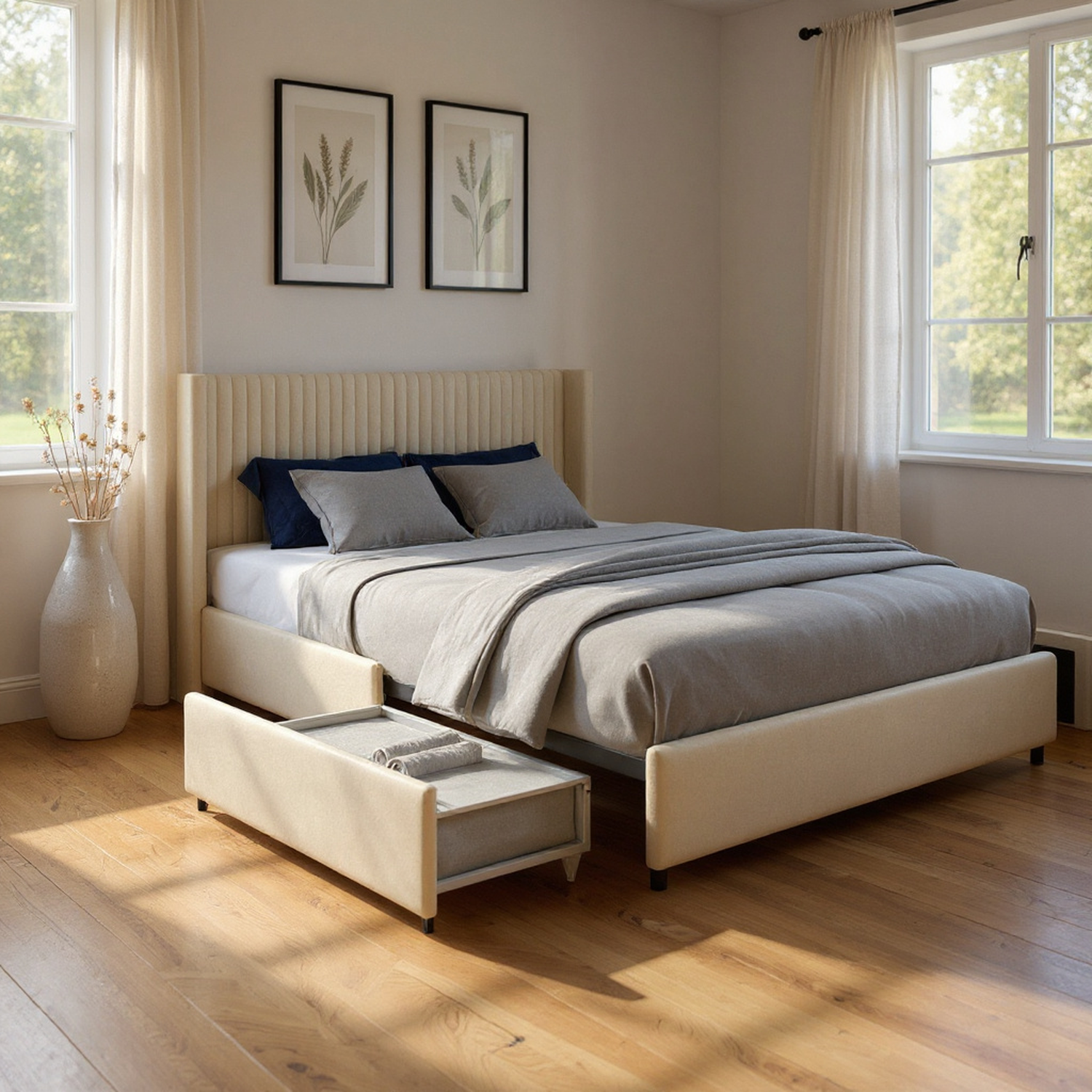 Aure Queen Velvet Upholstered Platform Bed with 2 Storage Drawer