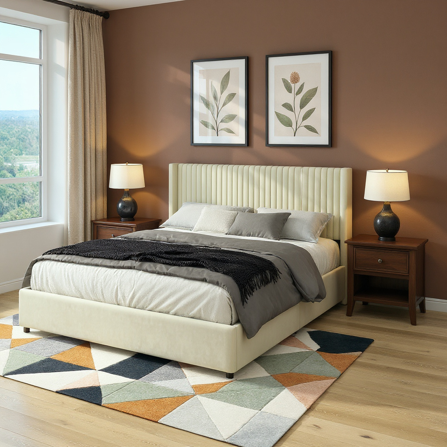 Aure Queen Velvet Upholstered Platform Bed with 2 Storage Drawer