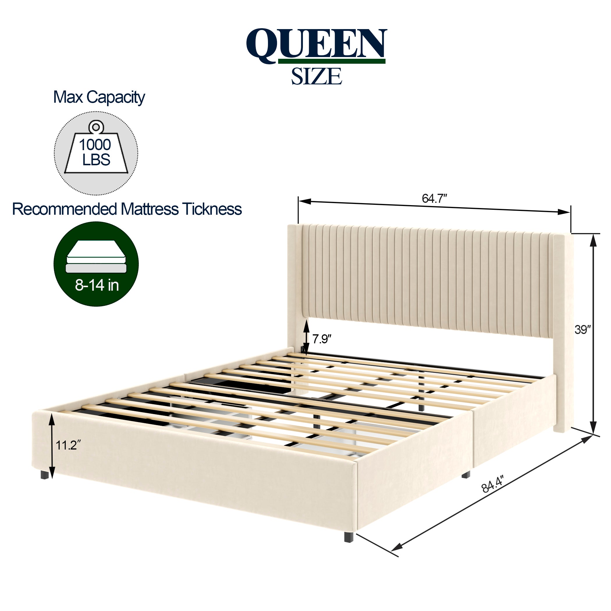 Aure Queen Velvet Upholstered Platform Bed with 2 Storage Drawer