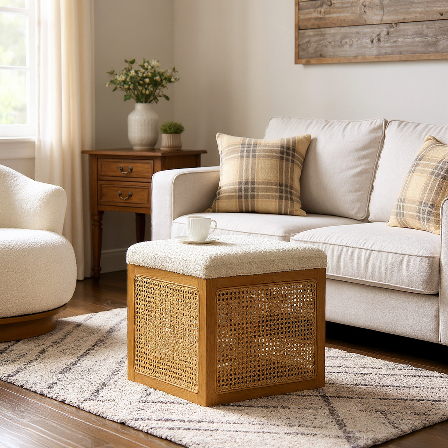 Lassen 18" Cane Webbing Cube Ottoman