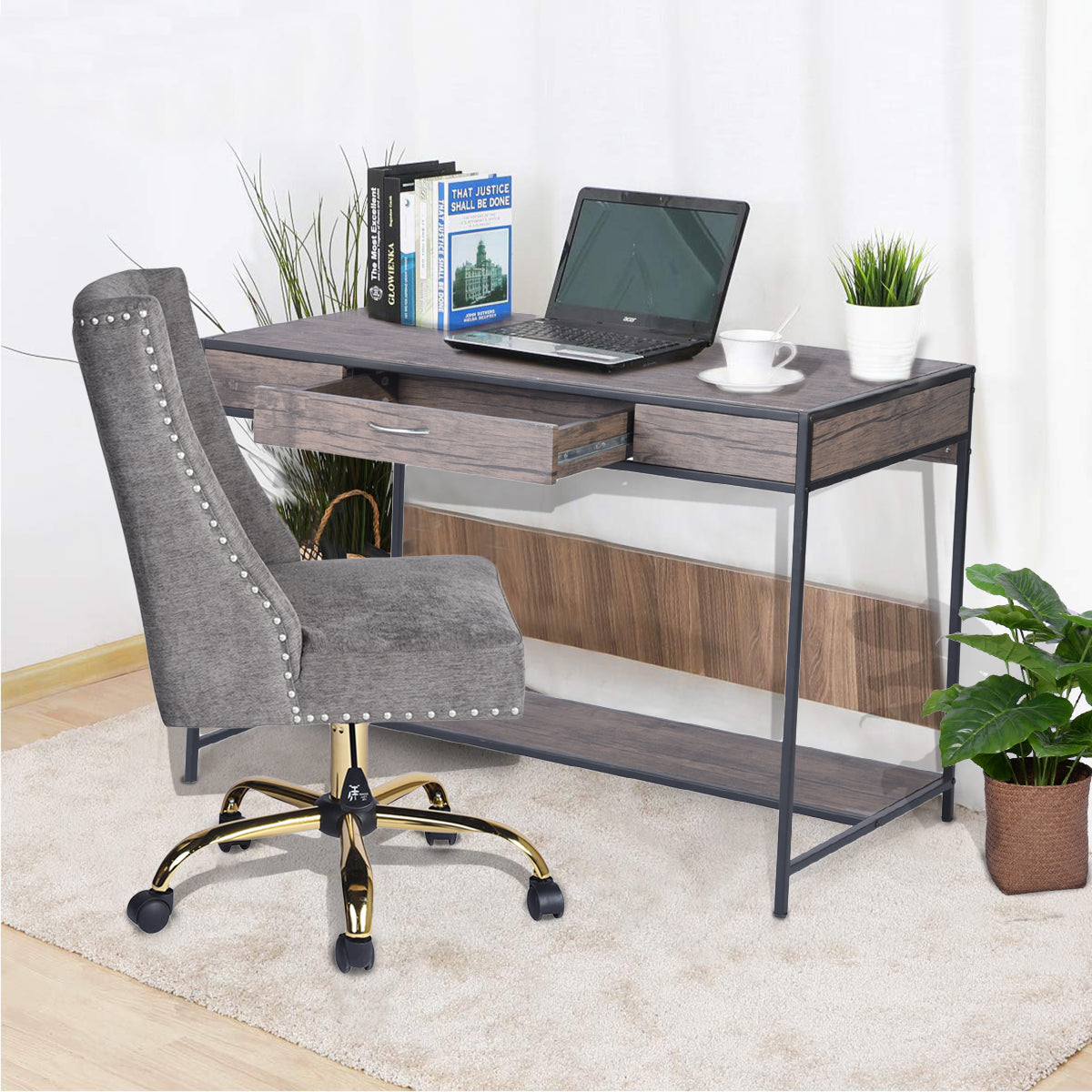 Homy Casa BLACKBURN 43.3” Industrial Desk with Drawer Computer Table Storage Shelf Vintage Brown Open Box