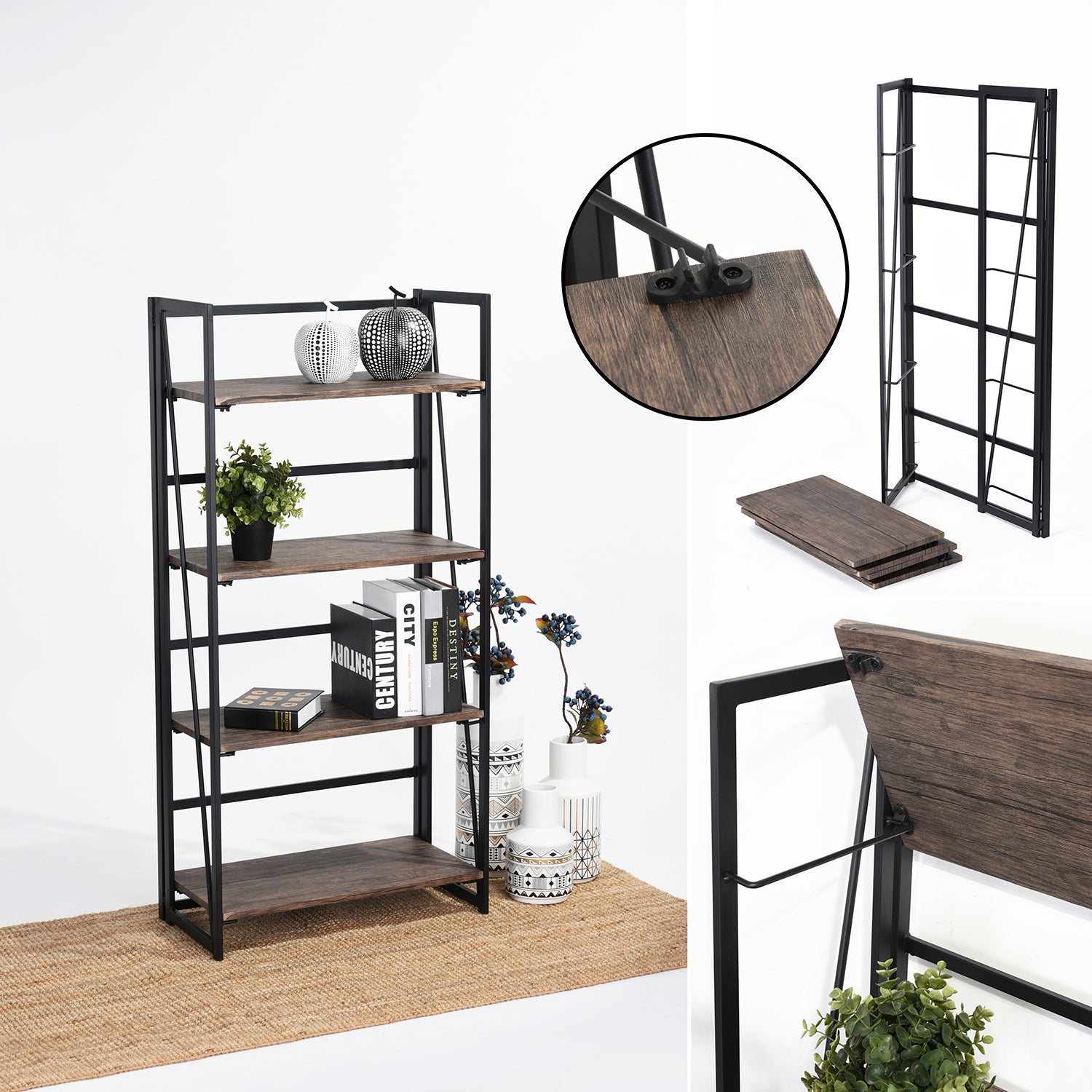 Homy Casa Backer 49” Folding Shelf with Multiple Tiers Teak Finish