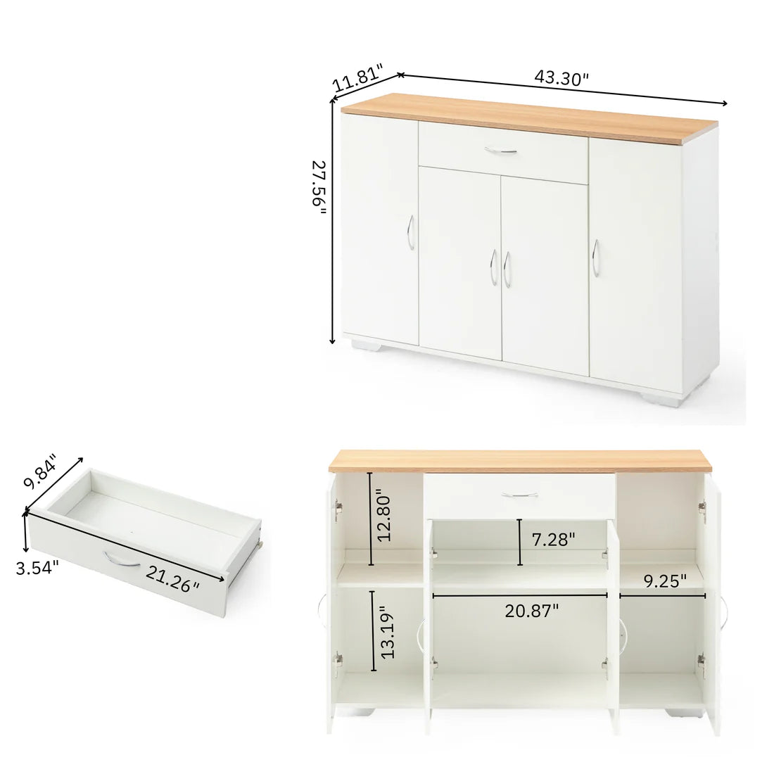 Homy Casa Torrent 43" 4-Door Sideboard Cabinet with Drawer and Wood Look Top
