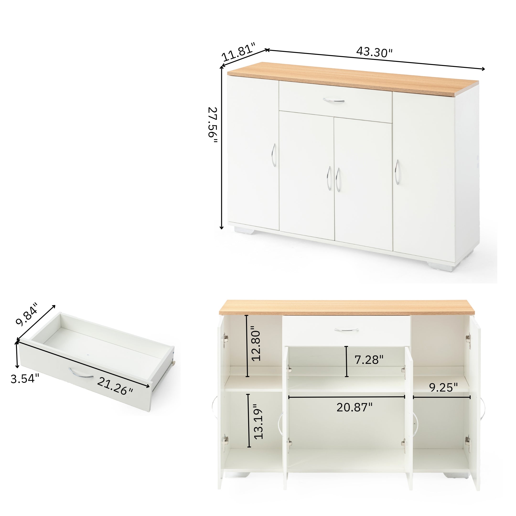 BAFFI 4 Doors Sideboard Buffet Cabinet with Drawer, White
