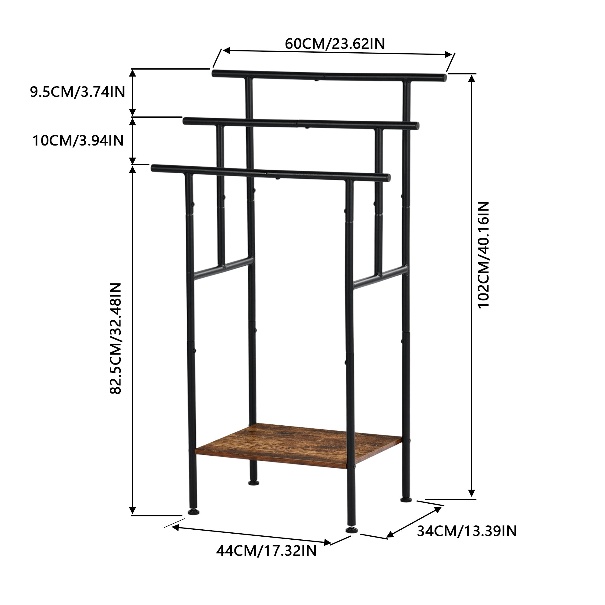 BALA Free Standing Towel Rack with Shelf 3 Bar Bathroom Towel Holder Black Metal Frame Rustic Brown