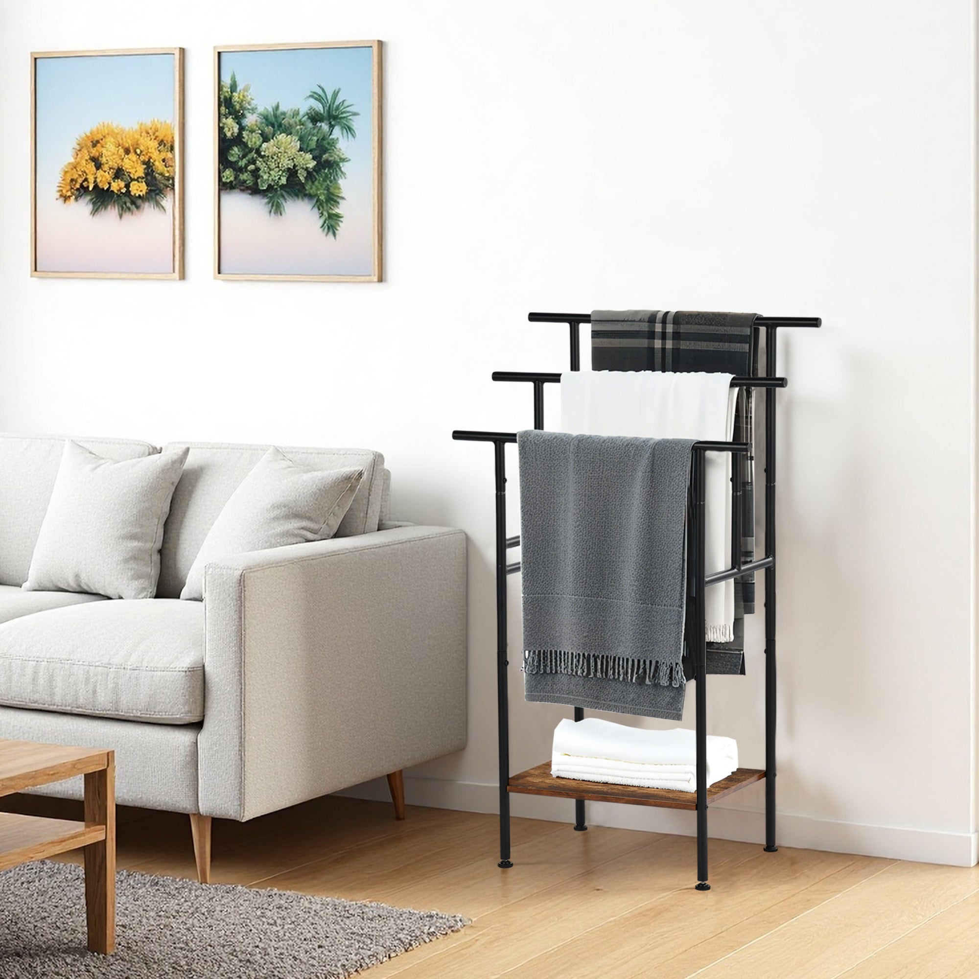 BALA Free Standing Towel Rack with Shelf 3 Bar Bathroom Towel Holder Black Metal Frame Rustic Brown