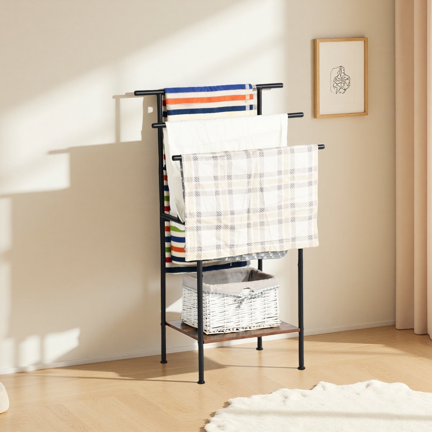 BALA Free Standing Towel Rack with Shelf 3 Bar Bathroom Towel Holder Black Metal Frame Rustic Brown