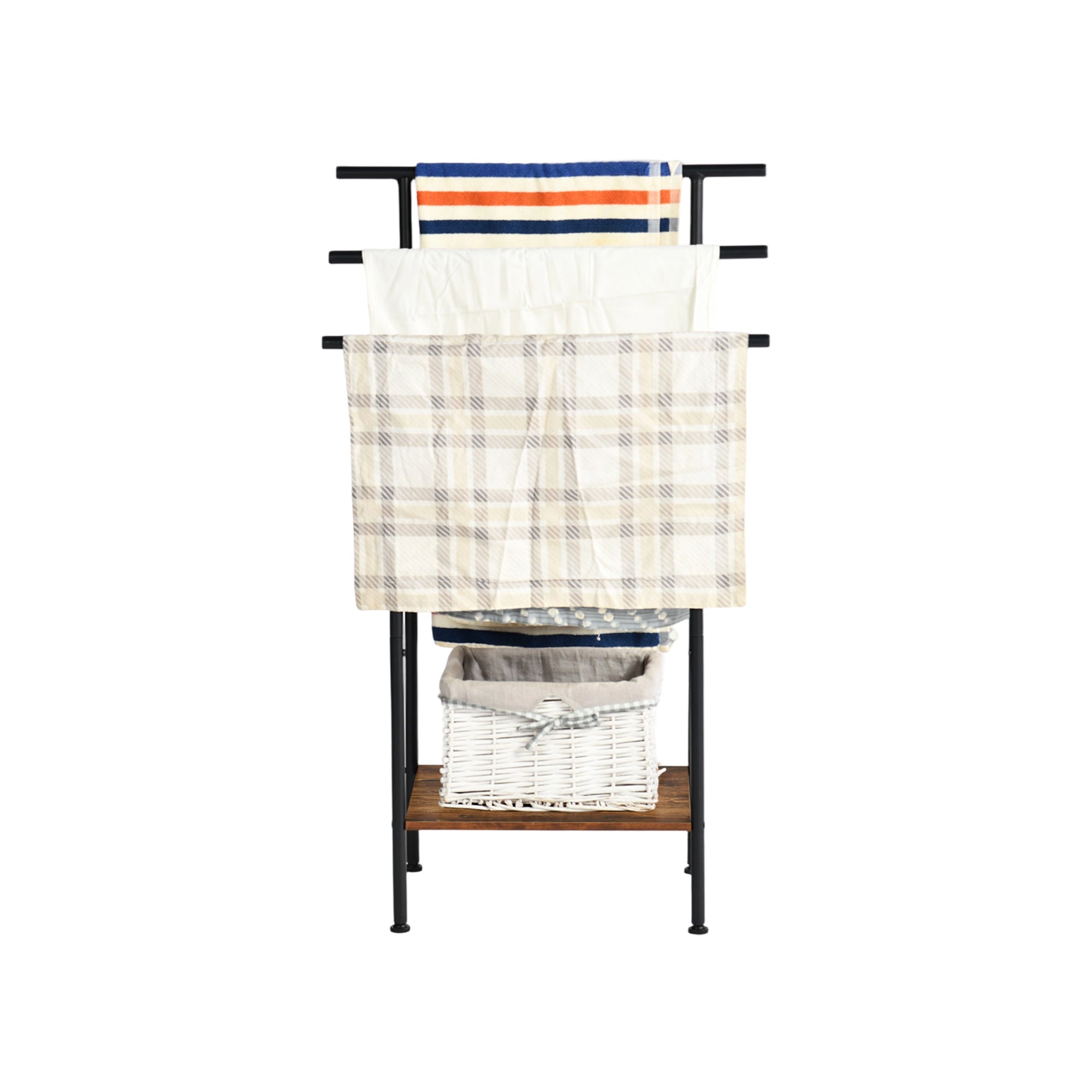 BALA Free Standing Towel Rack with Shelf 3 Bar Bathroom Towel Holder Black Metal Frame Rustic Brown