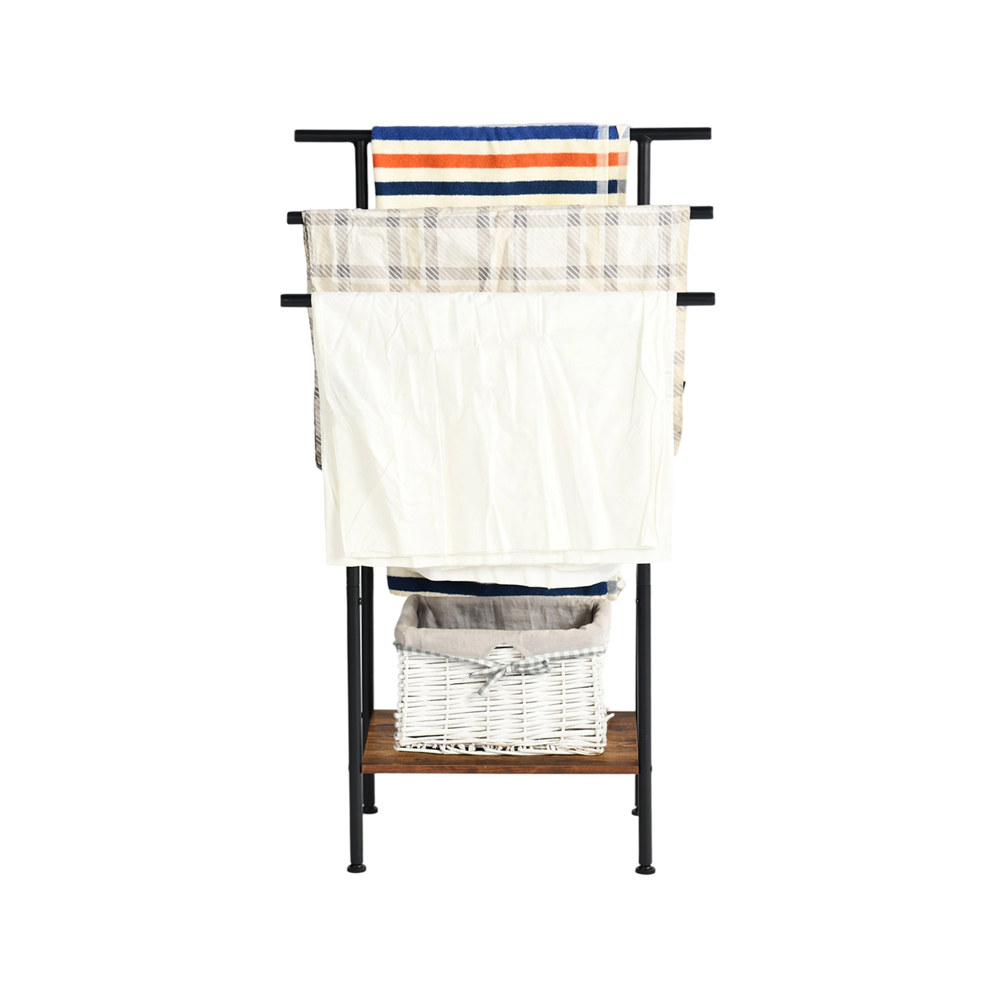 BALA Free Standing Towel Rack with Shelf 3 Bar Bathroom Towel Holder Black Metal Frame Rustic Brown
