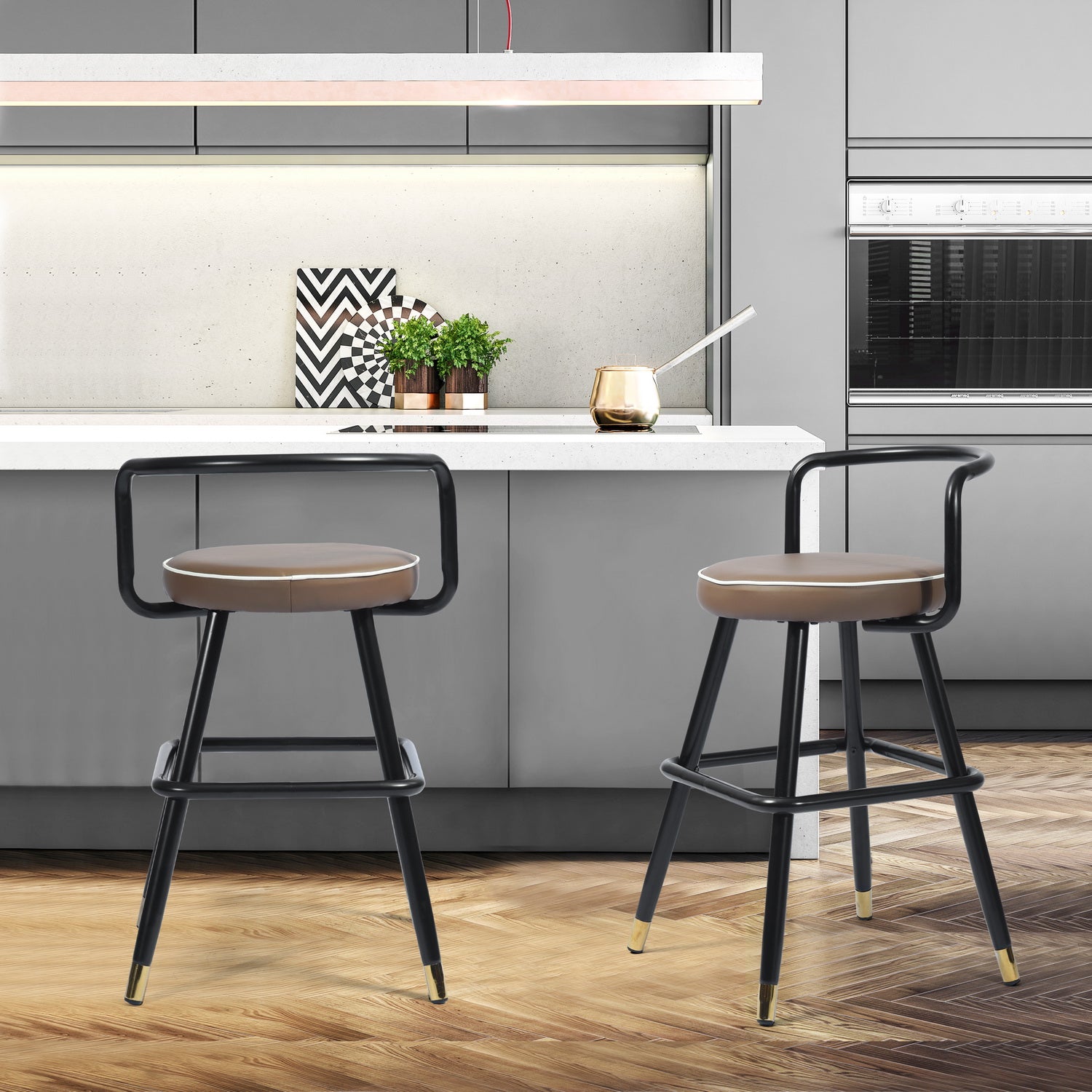 Homy Casa Ballon 2PC Modern PU Counter Bar Stools, Latte Black Metal Legs