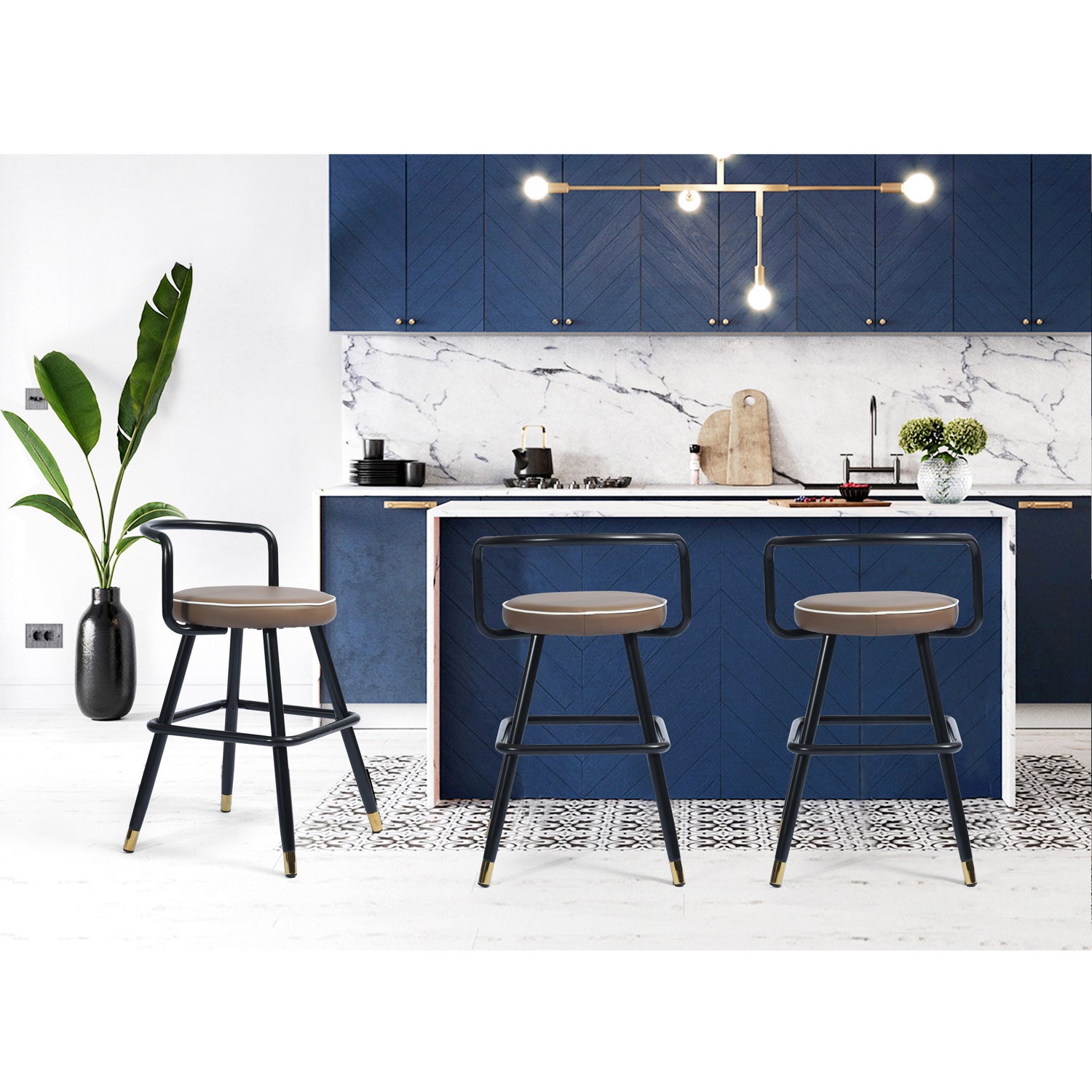 Homy Casa Ballon 2PC Modern PU Counter Bar Stools, Latte Black Metal Legs