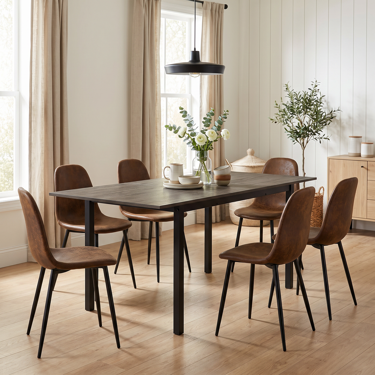 Homy Casa BARI+CHARLTON 7PC Dining Set with 47–62” Extendable Walnut Table and 6 CHARLTON Brown Suede Chairs Open Box