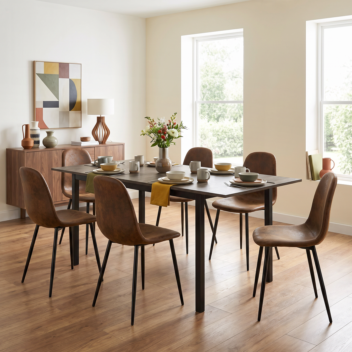 Homy Casa BARI+CHARLTON 7PC Dining Set with 47–62” Extendable Walnut Table and 6 CHARLTON Brown Suede Chairs Open Box