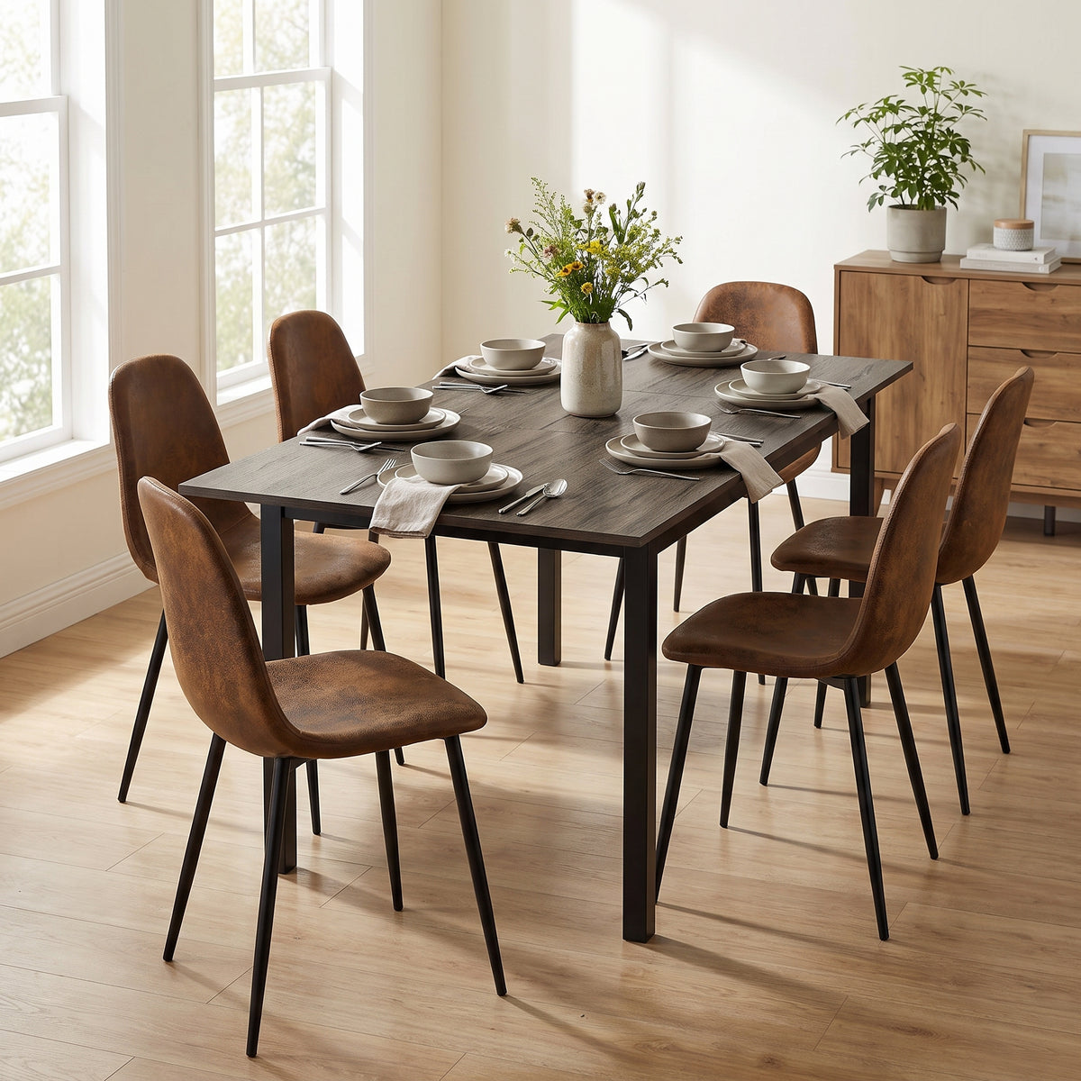 Homy Casa BARI+CHARLTON 7PC Dining Set with 47–62” Extendable Walnut Table and 6 CHARLTON Brown Suede Chairs Open Box