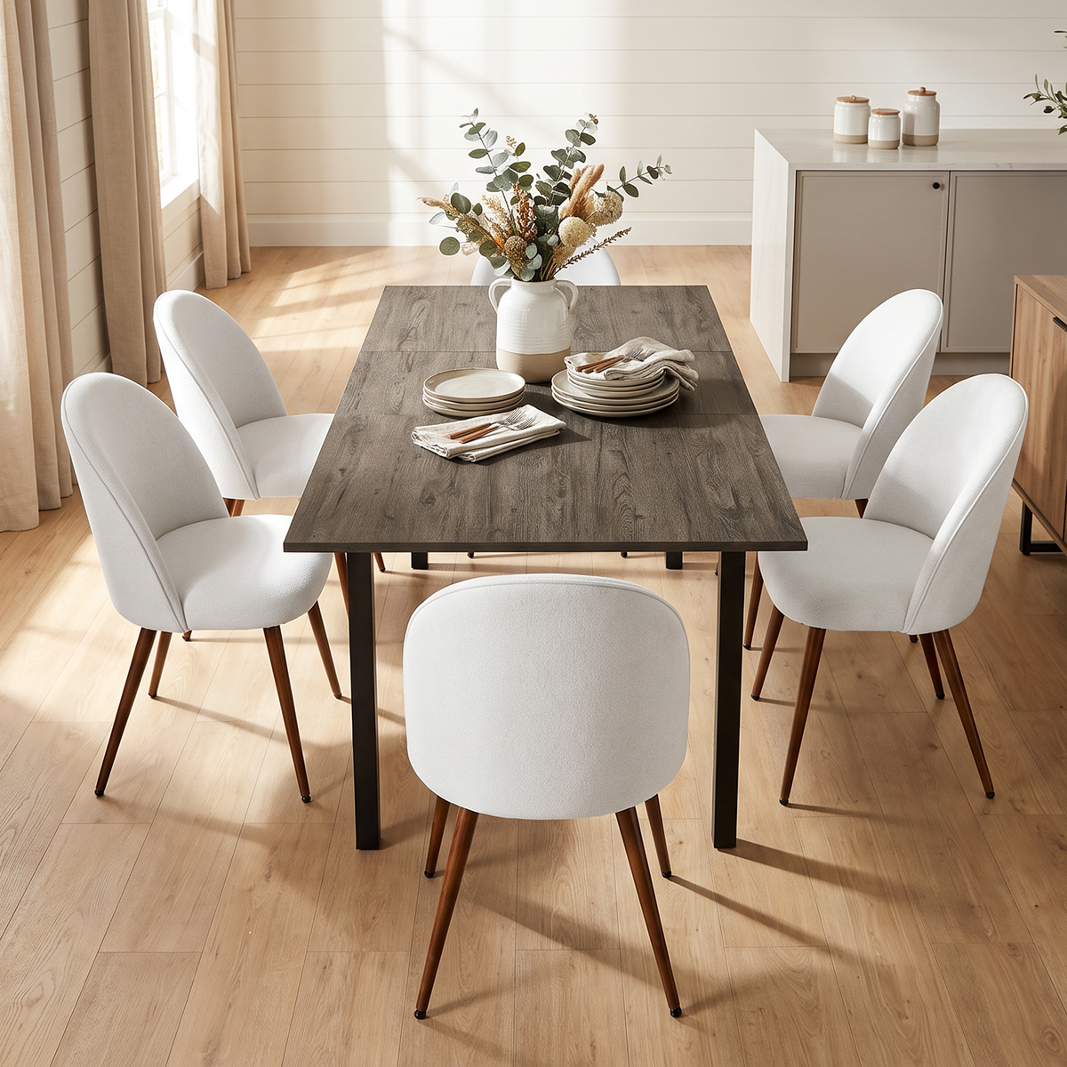 Homy Casa BARI+HAVEN 7PC Dining Set with Extendable Walnut-Look Table and 6 HAVEN Beige Upholstered Chairs Open Box